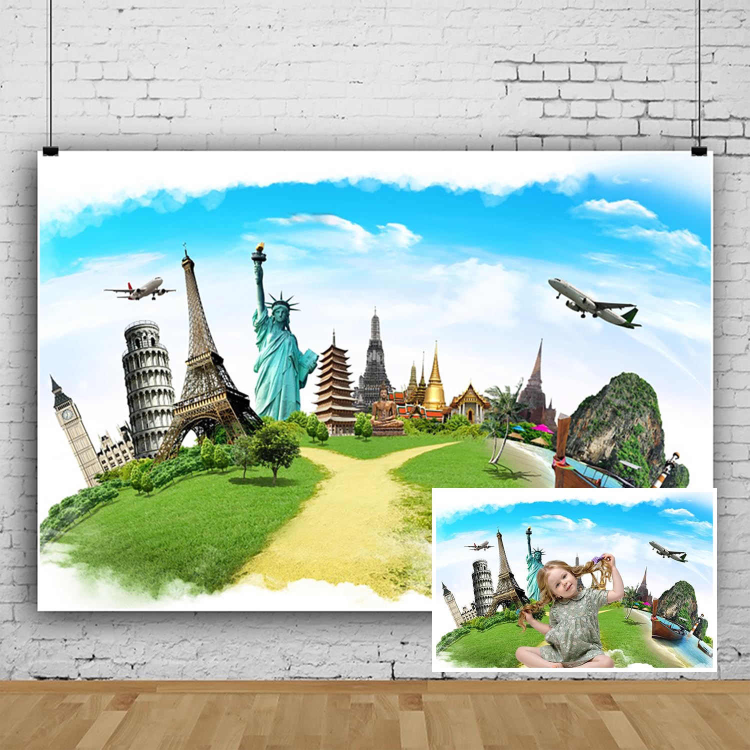 6x3m Zielony Globalny Tło Mapa Ziemi na całym świecie Słynny punkt orientacyjny Budynki Latające Świat Podróże Tło Fotografia Dzieci Dorośli Portret Photoshoot Rekwizyty