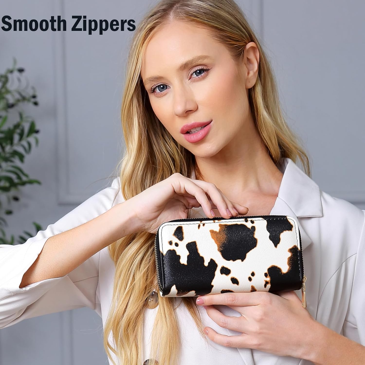 Cow Print Wallet for Women Ladies Slim Purse Credit Card Holder Western Highland Stuff with Smooth Zipper