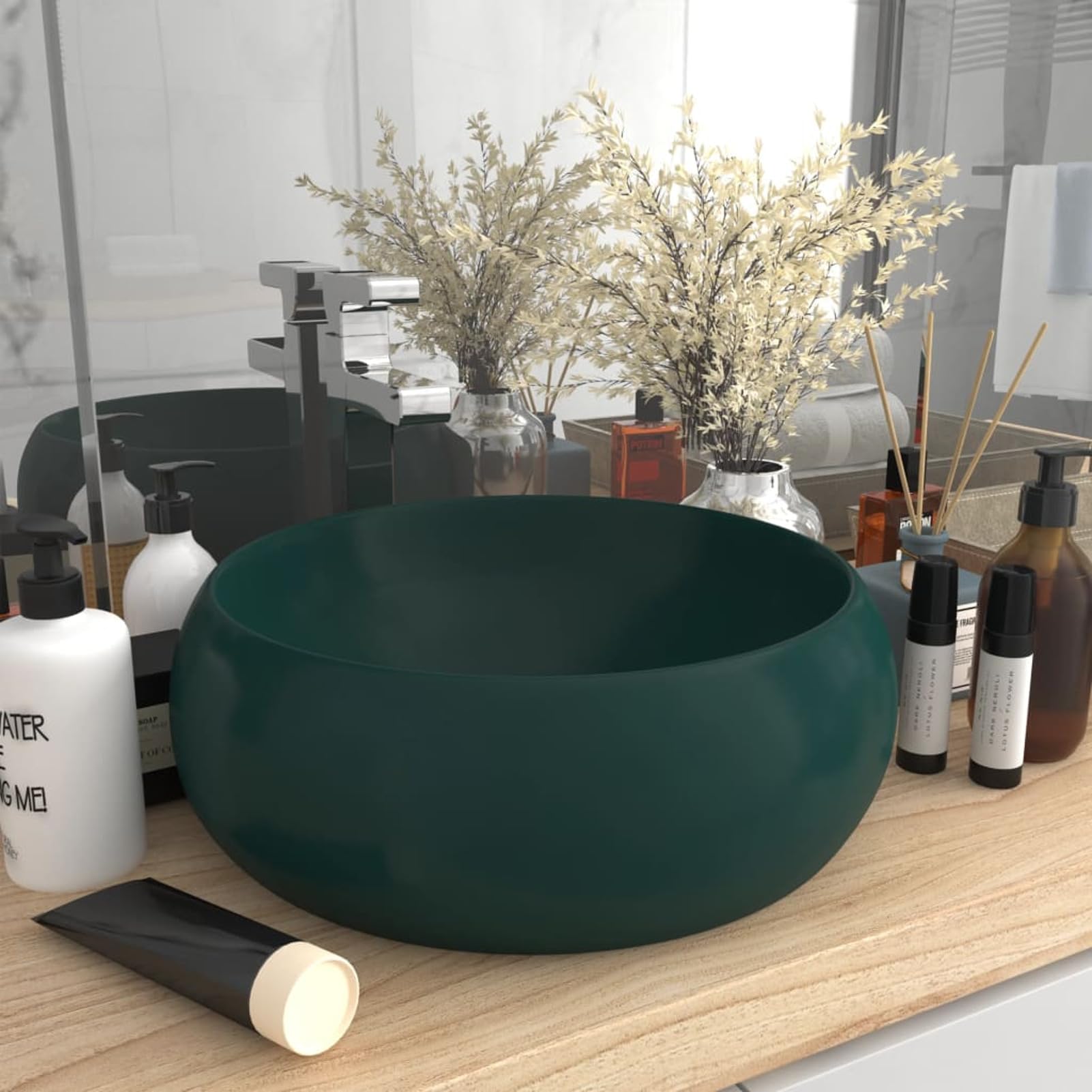 Homgoday Lavabo de lujo redondo de cerámica mate verde oscuro de 40 x 15 cm, fregadero de encimera para lavabo, lavabo para lavabo, lavabo de baño para guardarropa pequeño, accesorios tipo 1