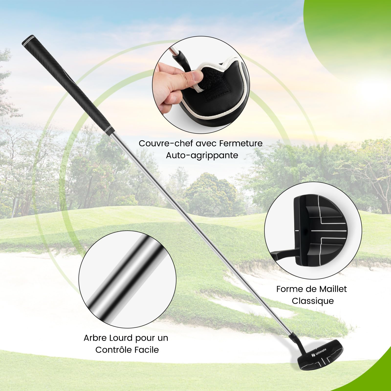 COSTWAY Club de Golf Putter 89 cm pour Droitier, Putter de Golf Style Maillet avec Lignes d'Alignement Couvre-Golf, Coin de Pincement 3° et Inclinaison 72° pour Débutant et Expérimenté