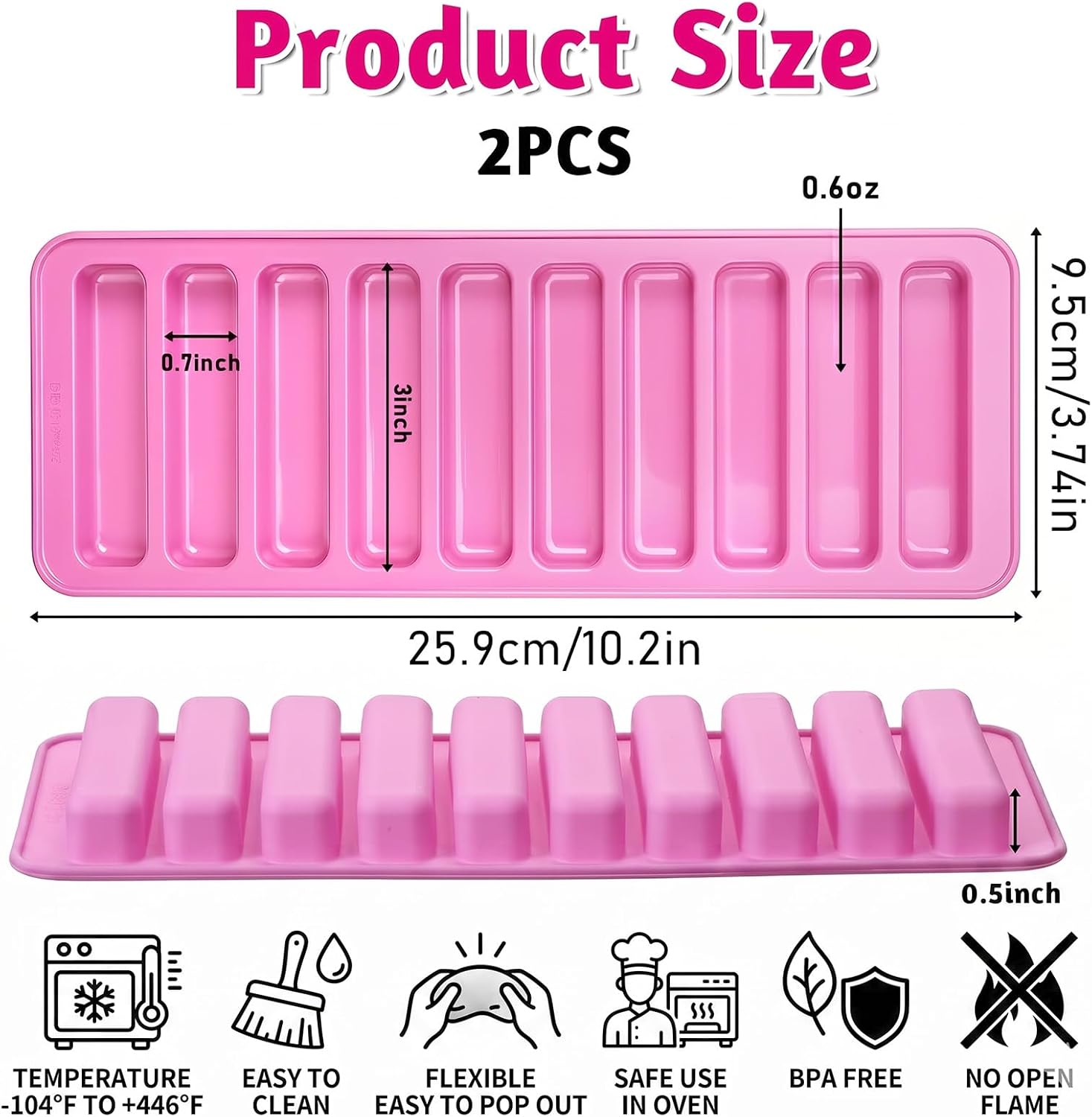 2 Pack Crayon Molds Silicone Oven Safe, Candy Bar Molds, 10 Cavity Silicone Bar Mold for Cookies Soap Ice Cube Ice Sticks