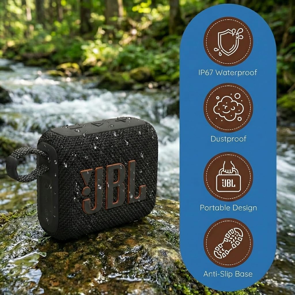 JBL Go 4 Portable Bluetooth Speaker, Built-in Battery, Waterproof and Dustproof - Black (JBLGO4BLKAM) + USB-C Adapter + Microfiber Cloth