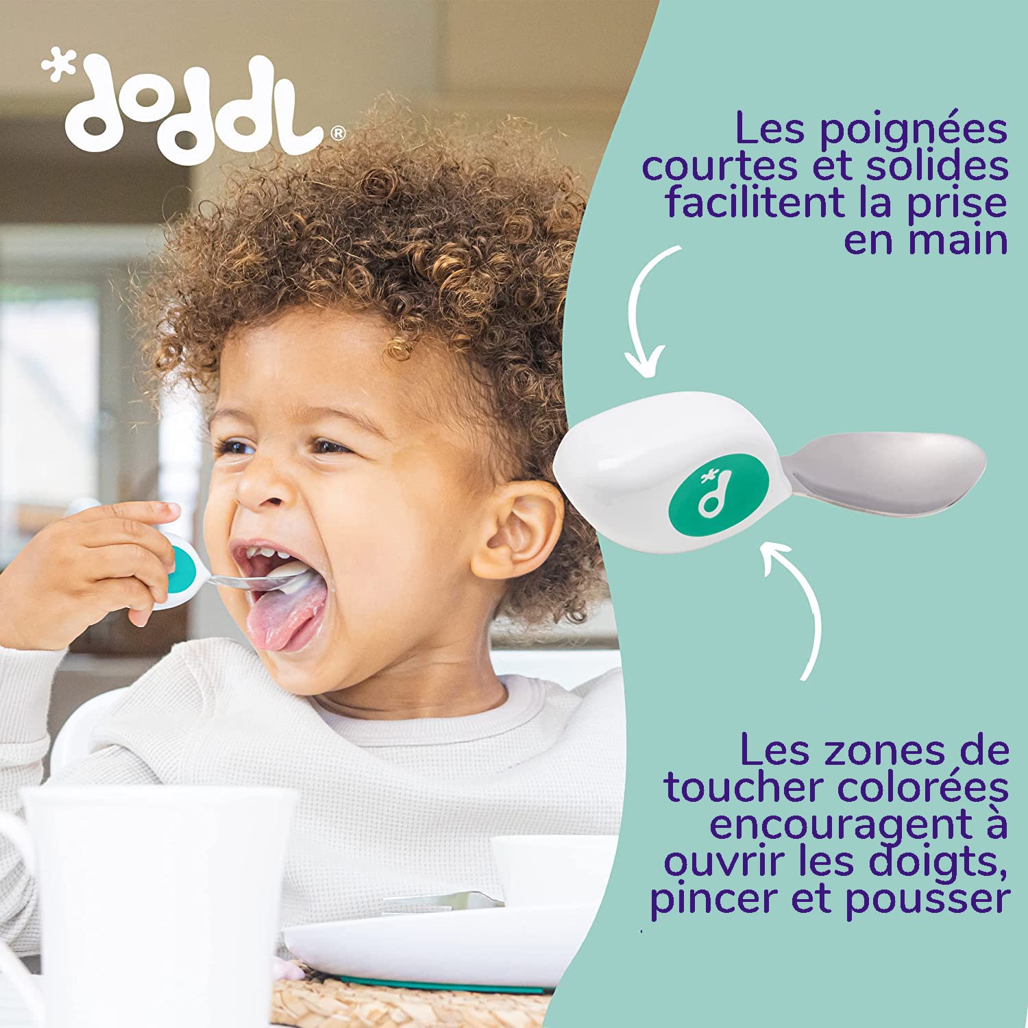 Ensemble 2 pièces cuillère fourchette doddl - Couverts pour tout-petit, ustensiles sevrage 1 an+ Aqua