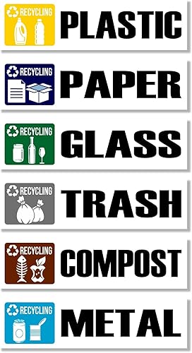 GamesMonkey - Pegatinas de reciclaje para basura, latas de plástico de compost y vidrio, papel metálico - Paquete de 6 adhesivos - Vinilo