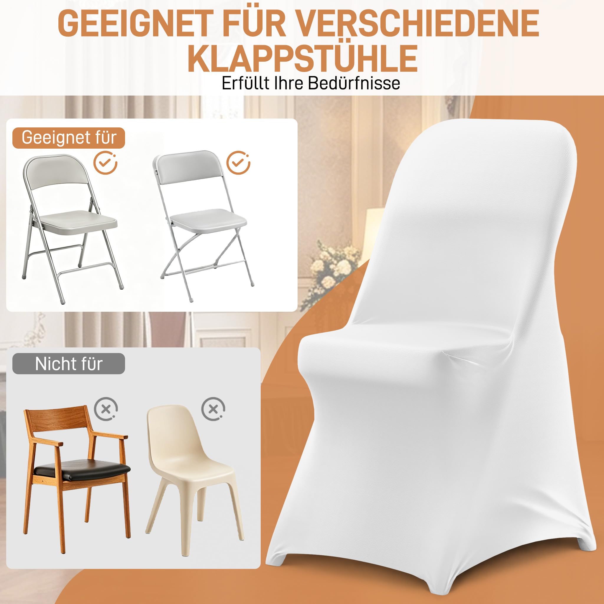 AufuN 20 Stück Stuhlhussen Klappstuhlbezug Spandex Elastisch waschbar, 45x50x90cm für Hochzeiten Feiern Hotels, universeller Esszimmer Stuhlschutz Stretch Abdeckung - Weiß