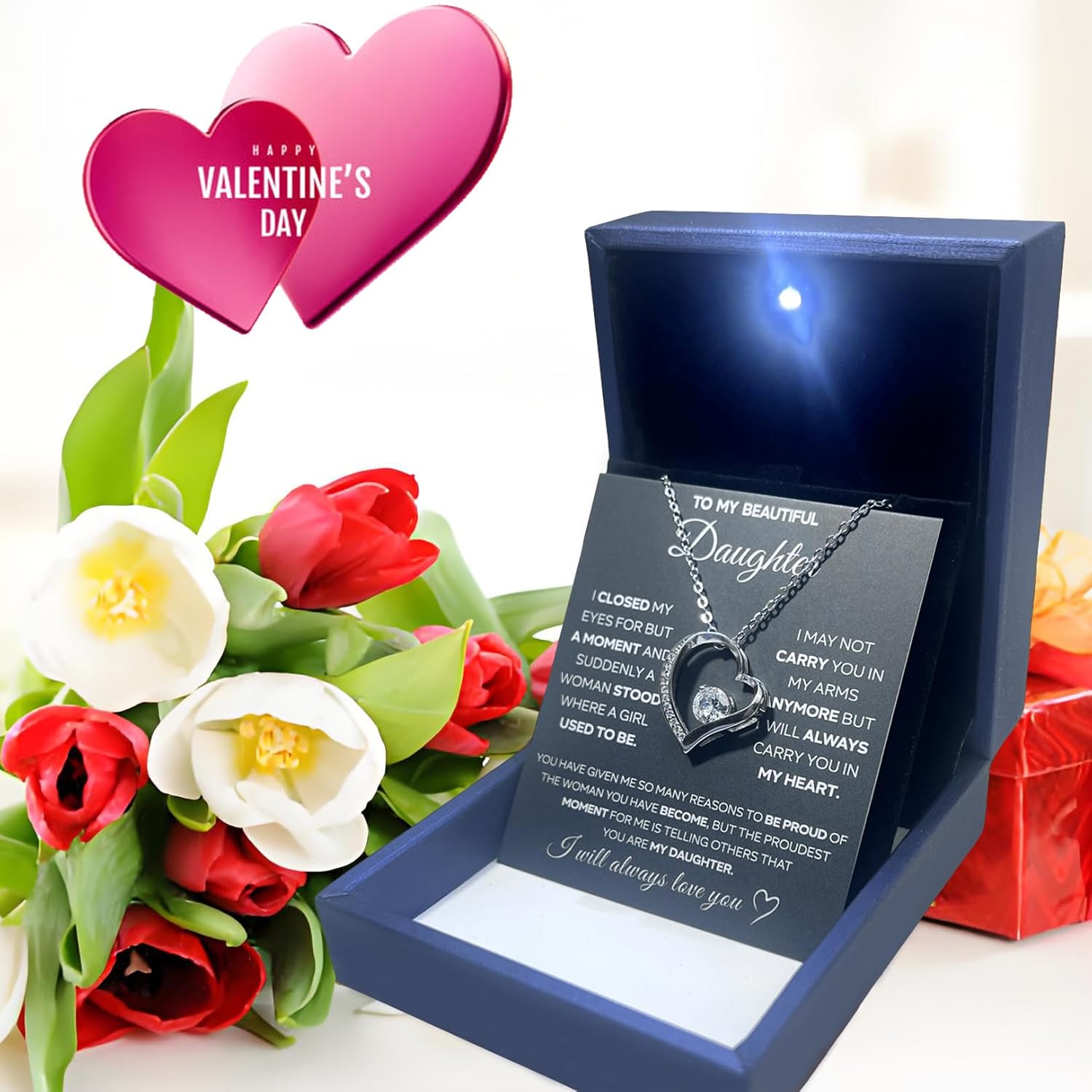 MGOOL Daughter Gifts From Dad To My Daughter Necklace 925 Sterling Silver Pendant Necklace Graduation Gifts Birthday Christmas Message Card&LED Gift Box - Image 2