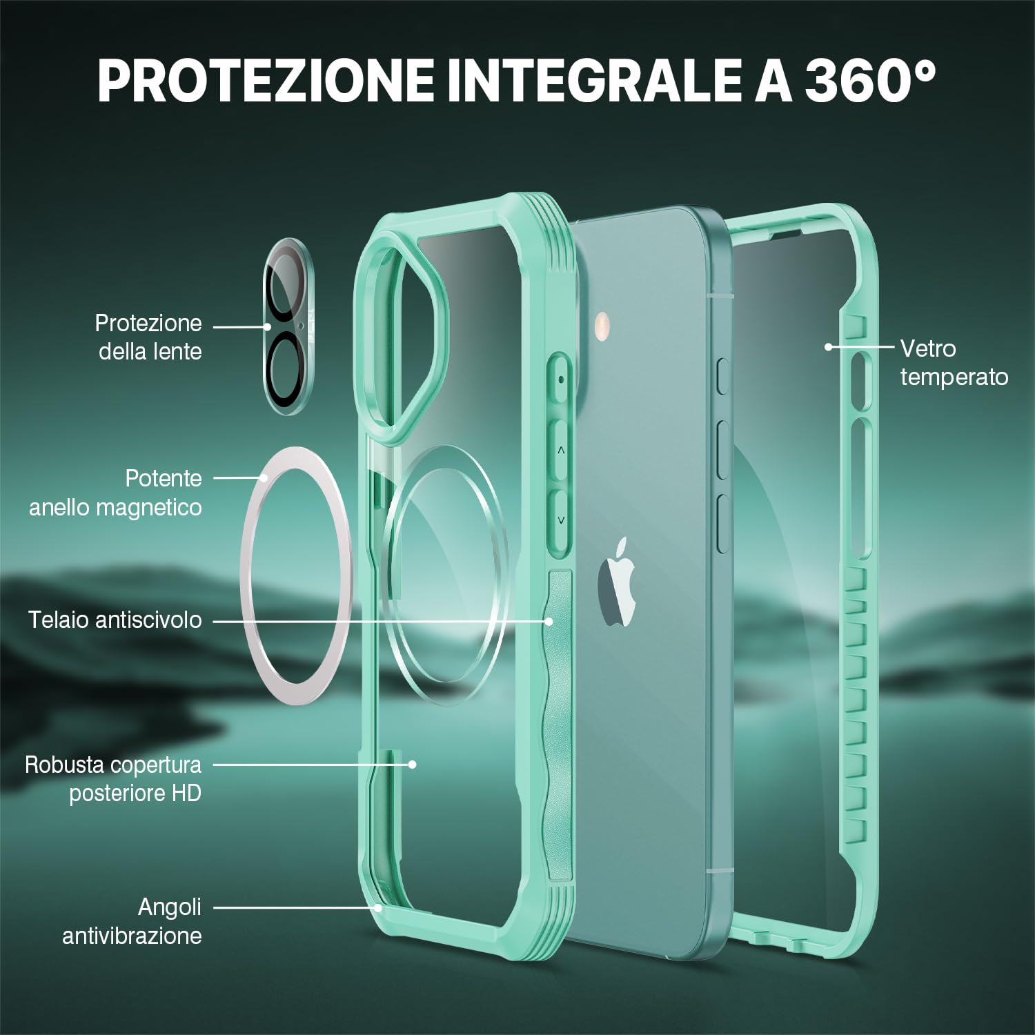 CENHUFO Magnetica Cover iPhone 16, [Compatibile con Magsafe] Integrata [9H HD] Vetro Temperato Schermo e Protezione Fotocamera, Custodia Antiurto 360 Gradi Fronte Retro Doppia Faccia Case -Verde