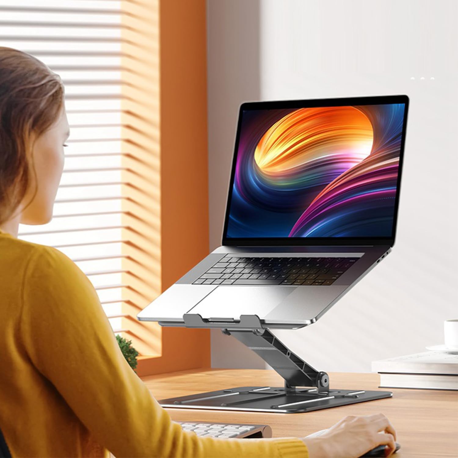 EYUVAA LABEL Heavy-Duty Metal Laptop Stand | Foldable & Adjustable Ergonomic Design with Anti-Slip Silicon Pads, Aluminium Alloy Riser with 17″ Laptops for Desk, Home, Office (Gray) 1