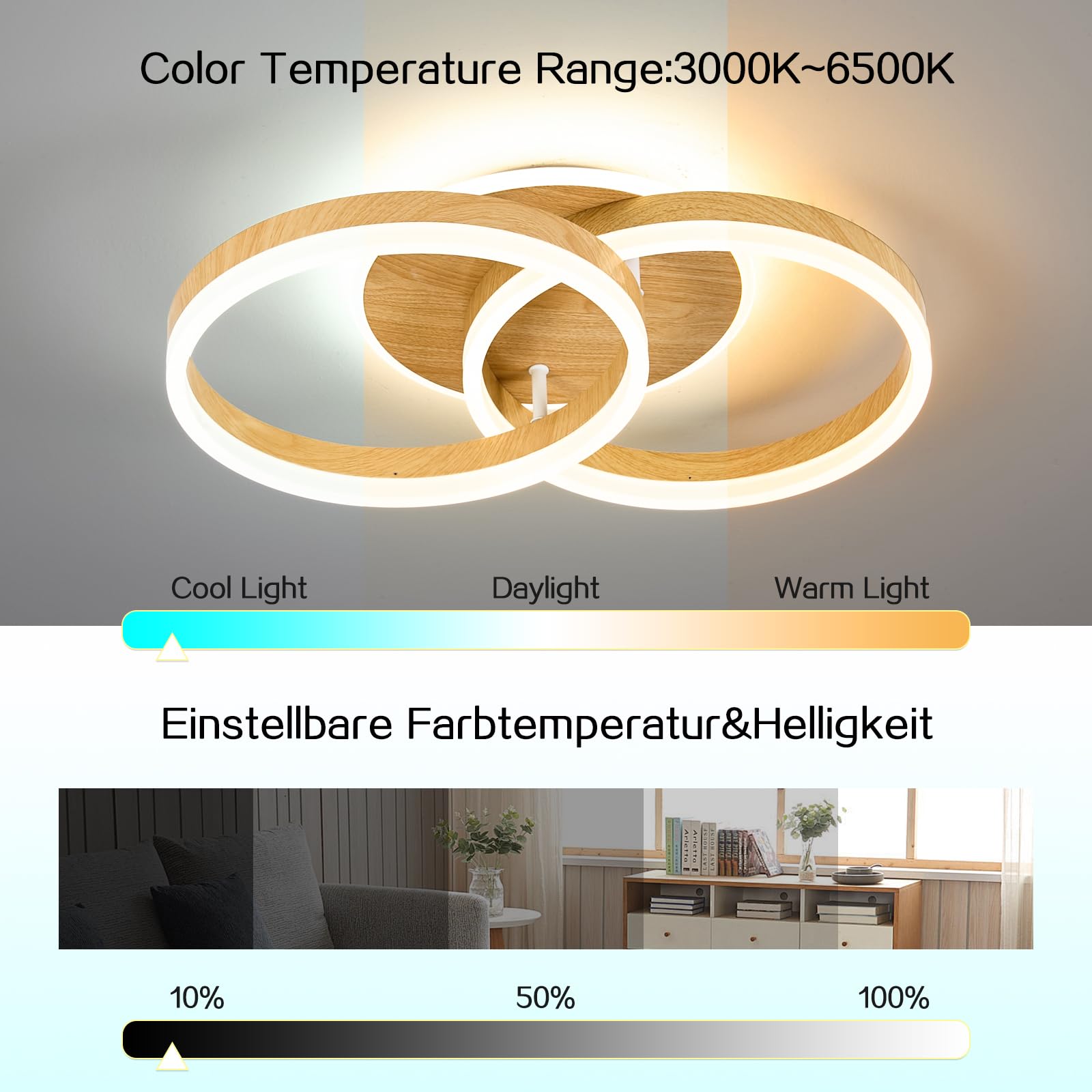 Plafón LED Salón 2 Anillos φ50 cm, 36 W Lámpara de Techo Moderna Regulable con Mando a Distancia, de Metal+Acrílico, para Sala de Estar, Dormitorio, Comedor -Imitación Madera