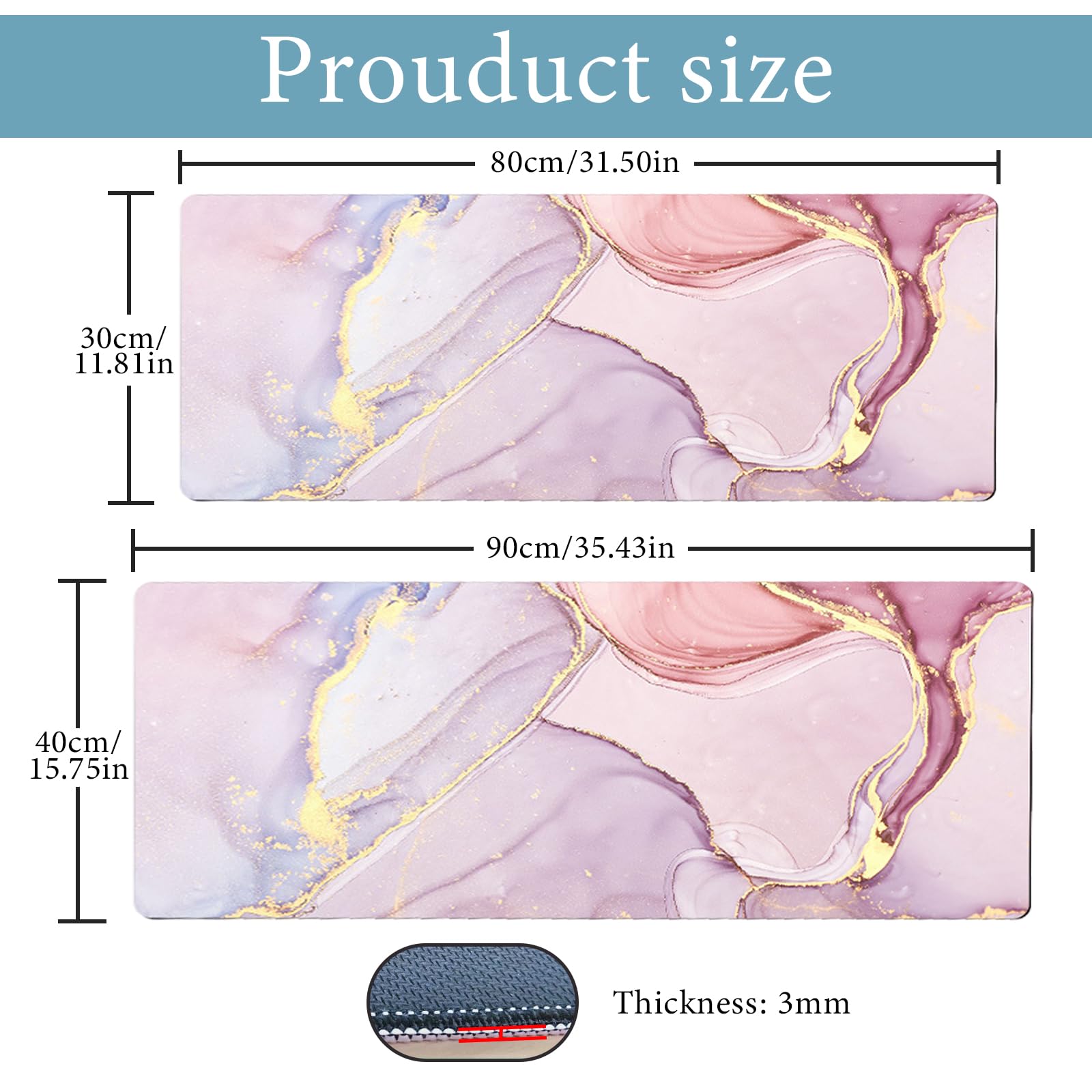 Tapis de Souris Marbre 80x30cm Antidérapant sous-Main Bureau Protection Rose