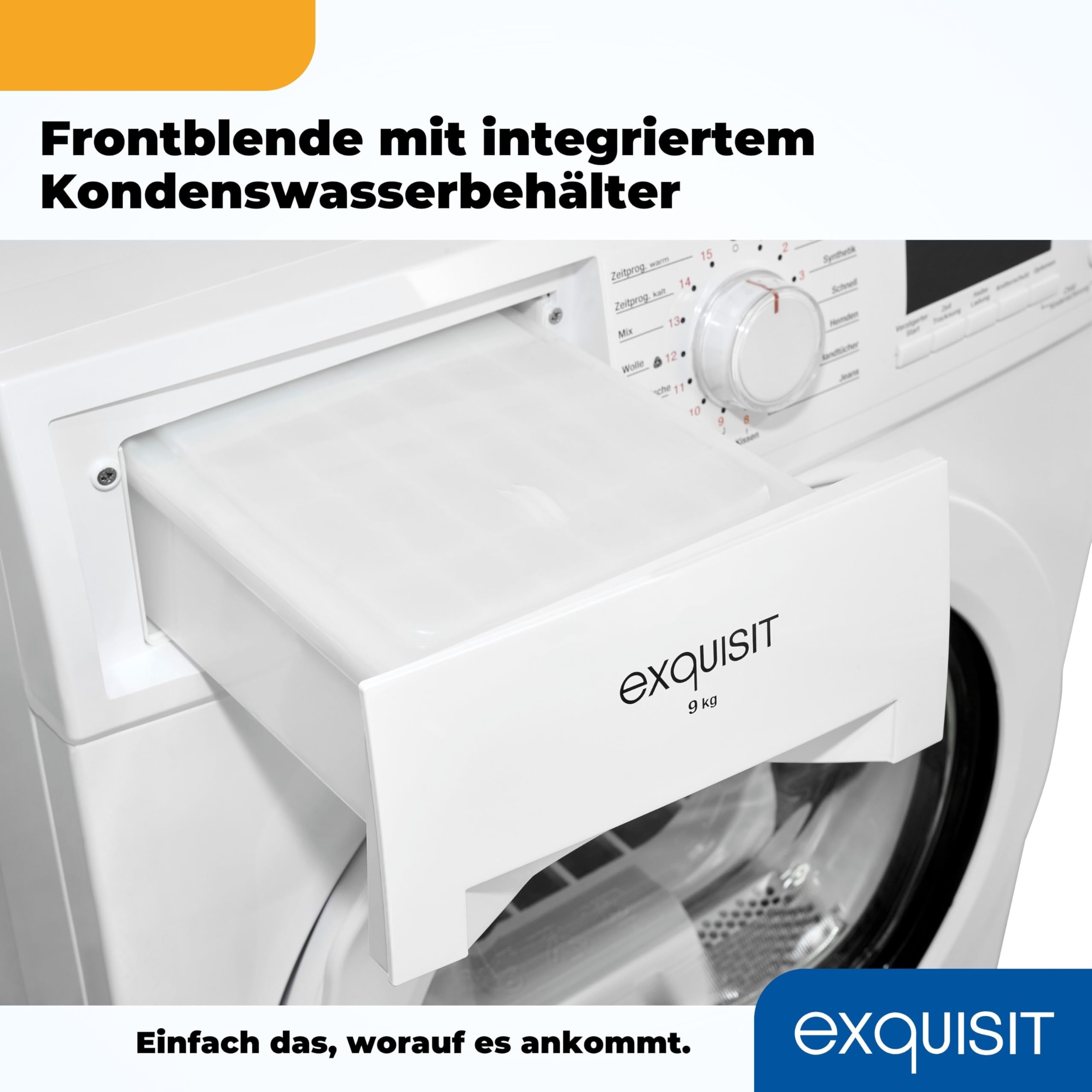 Exquisit Asciugatrice a pompa di calore TWP903-410, bianco, capacità 9 kg, classe di efficienza energetica A++, sicurezza bambini, spegnimento automatico
