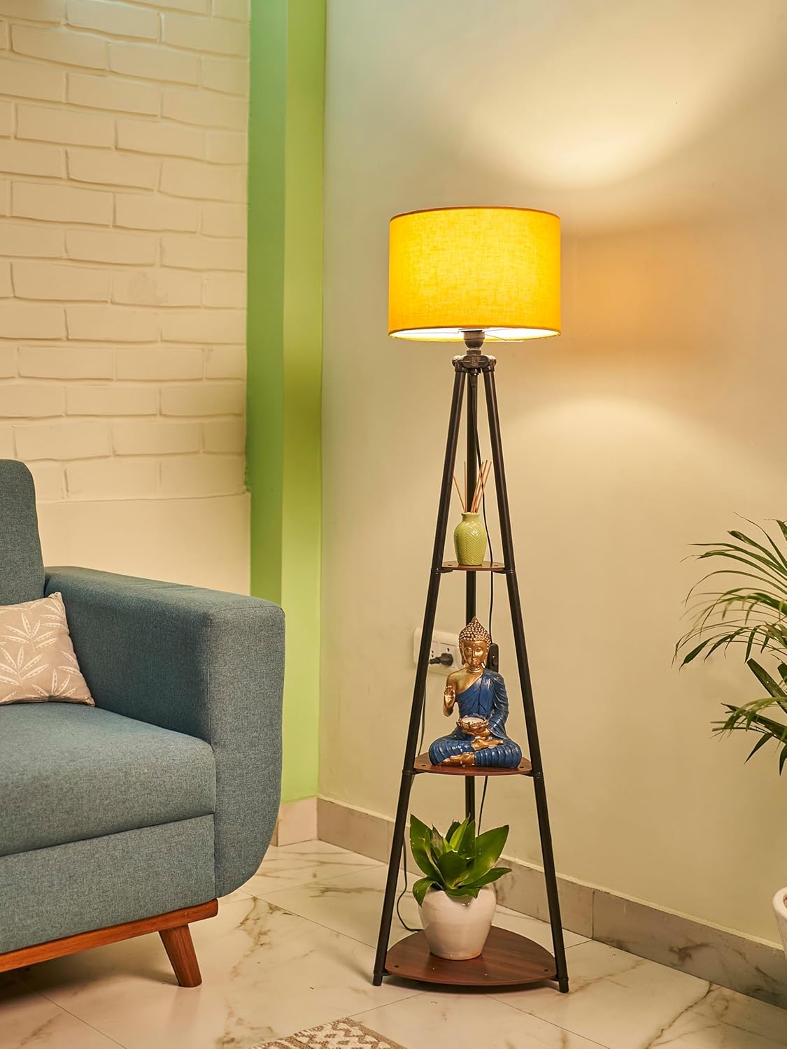 Tripod Floor Lamp with Storage Shelves, Yellow Drum Shade | Black Metal Stand, 3-Tier Shelves, Living Room Decor, Fabric Shade, Freestanding Design-image-12