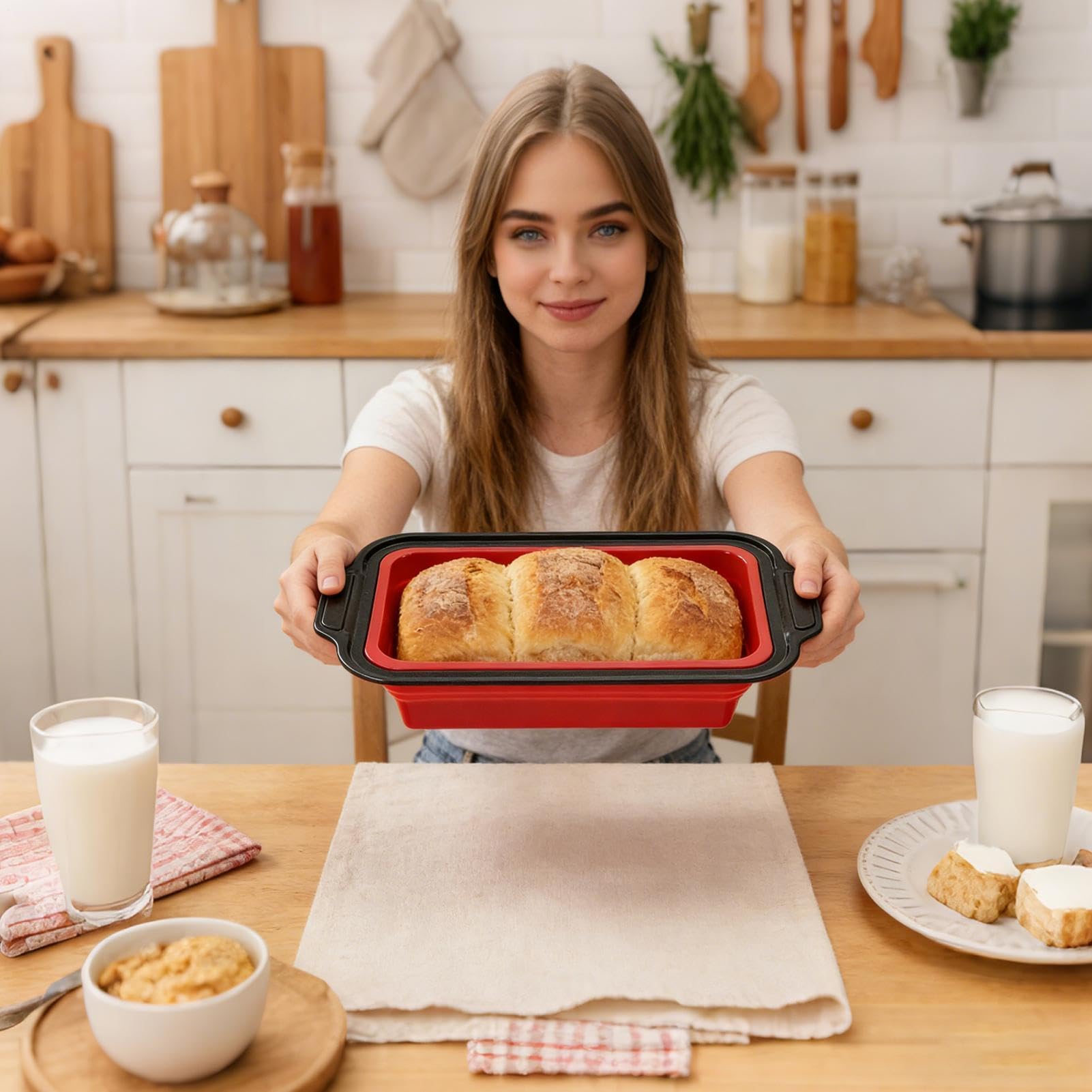 Silikon-Backform Flexible Stapelbare Formen | mit Topflappen, Teigschaber & Bürste, Backform-Set für Muffins, für Brot, für Kekse, für Cupcakes, für Eier, für Donuts &