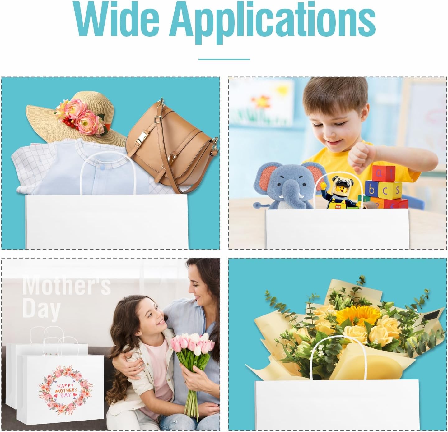 woric 60 PCS White Paper Bags with Handles, Large Gift Bag 16 x 6 x 12 inch White Gift Bag Bulk Shopping Bags for Gift Grocery Small Business - Image 6