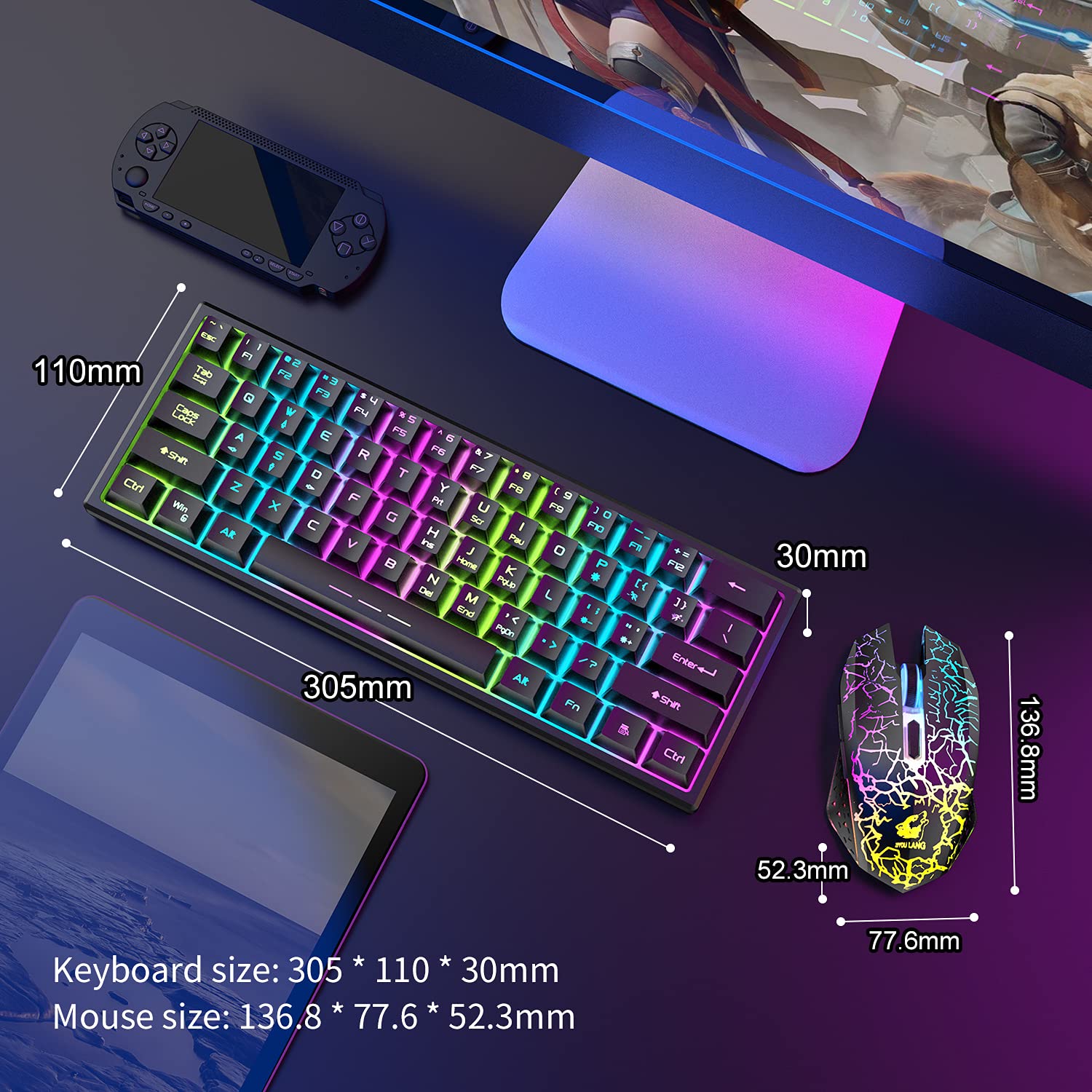 60% Kabellos Gaming Tastatur und Maus Combo Set 2,4 GHz Wiederaufladbare 3800 mAh Leise 61 Tasten Kompakttastatur mit Rainbow LED Hintergrundbeleuchtung + 2400 DPI 6 Tasten Rainbow LED Maus(Schwarz)