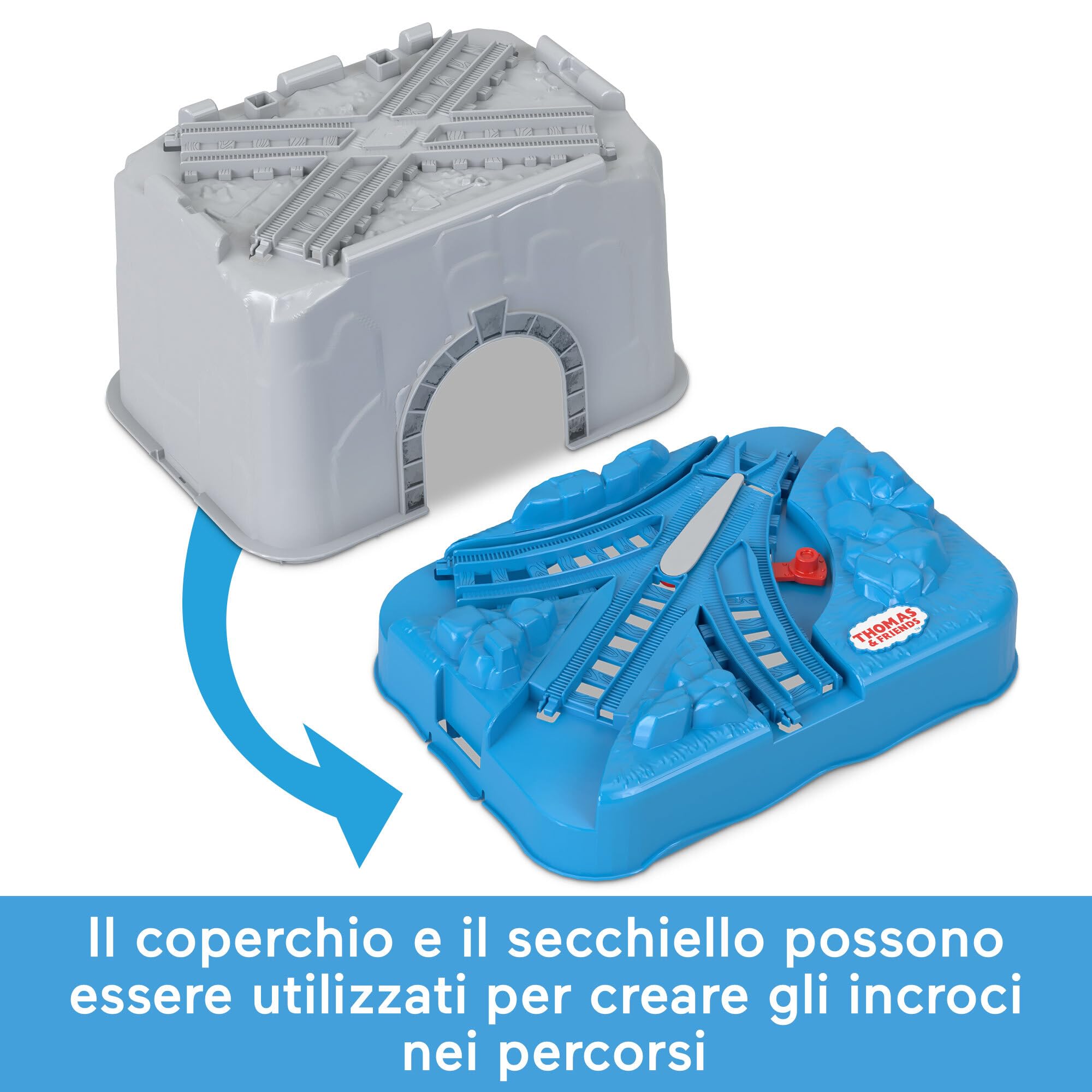 Il Trenino Thomas - Bauletto Multipista, set di espansione da 34 pezzi per trenini e locomotive die-cast e motorizzati a pile, giocattolo per bambini, 3+ anni, HNP81