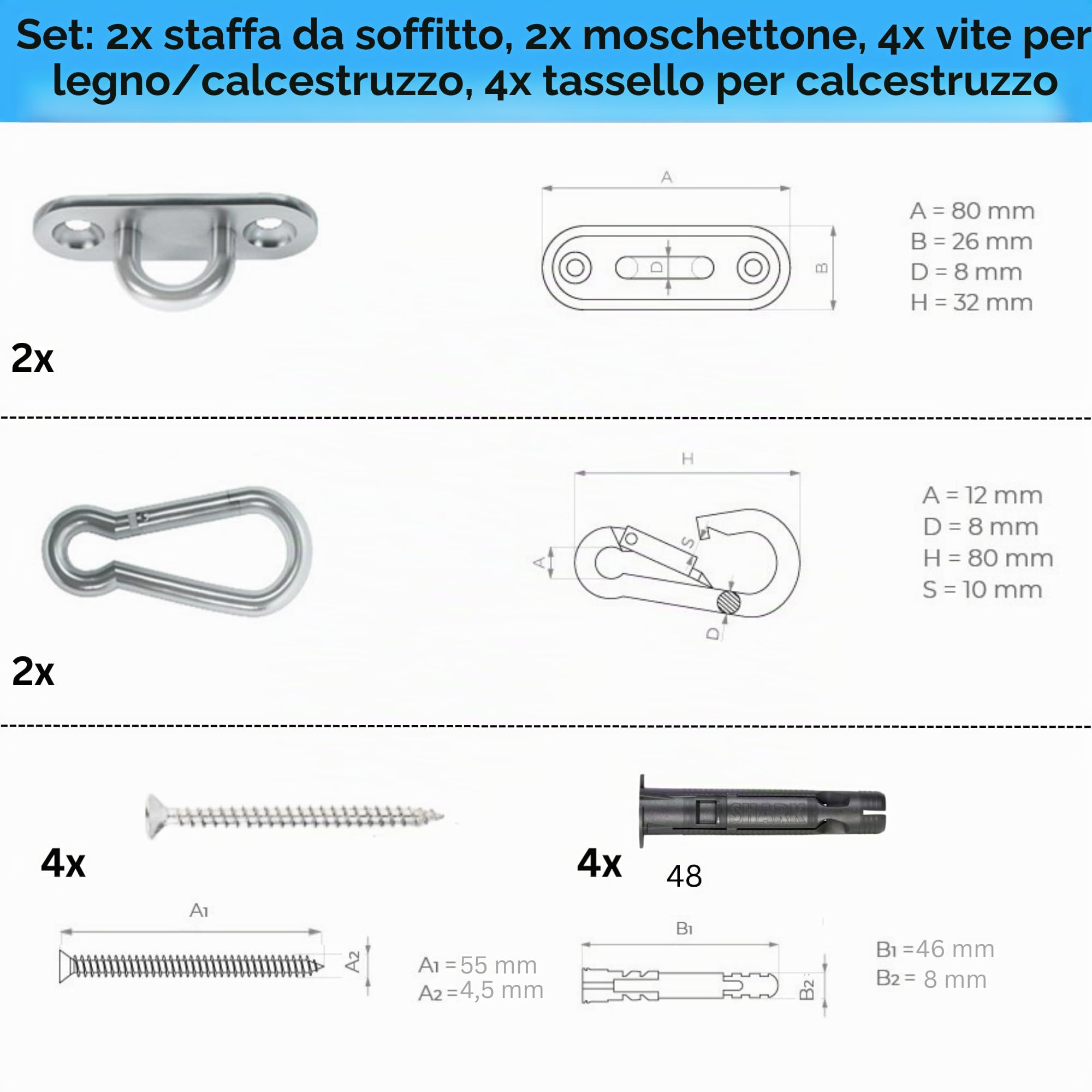 MAMOI® Gancio da soffitto per Altalena e Amaca, Ancoraggio da Parete Girevole, Set da 400kg per Cemento e Legno, Ganci Sacco da Boxe