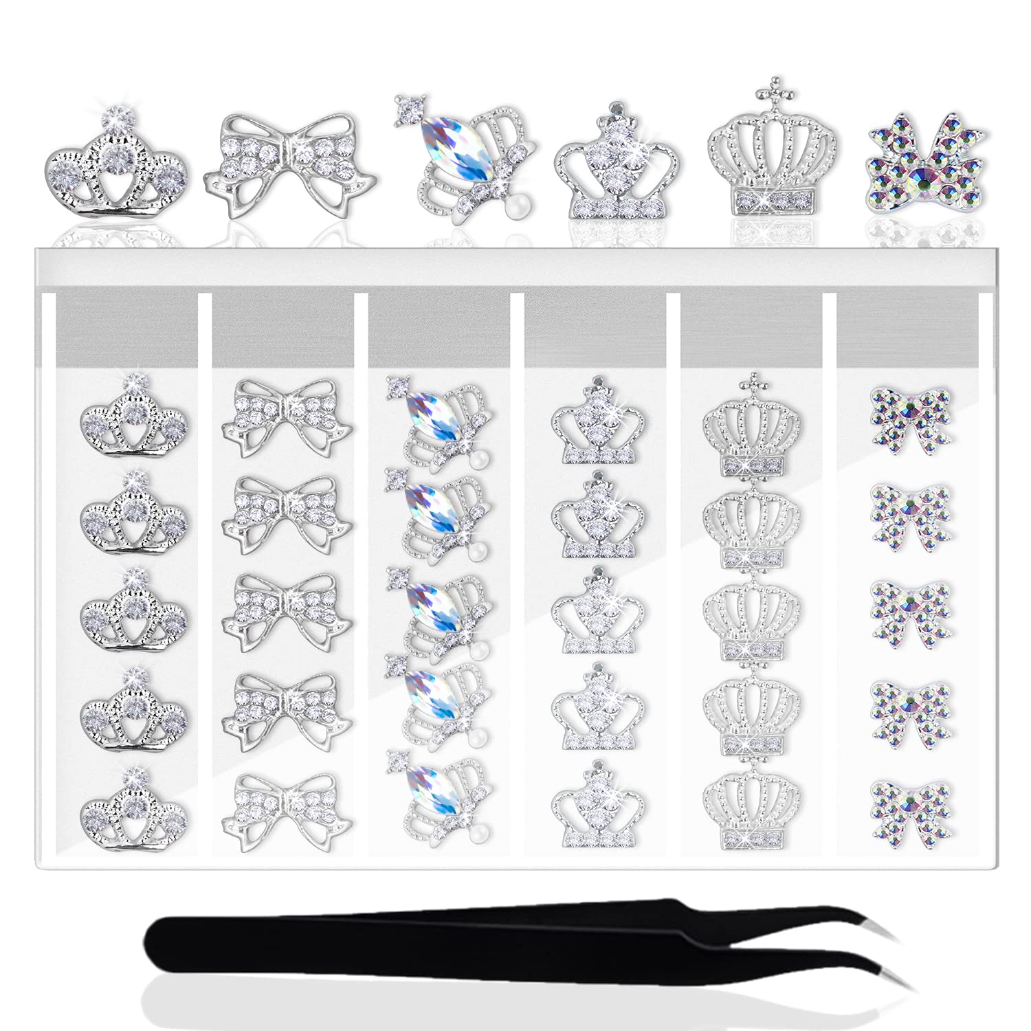 SILPECWEE 30 Pieces Rhinestones For Nails Crown Design Nail Charm 3D Nail Gems Alloy Nail Jewels Nail Decoration Kit With 1Pc Tweezers