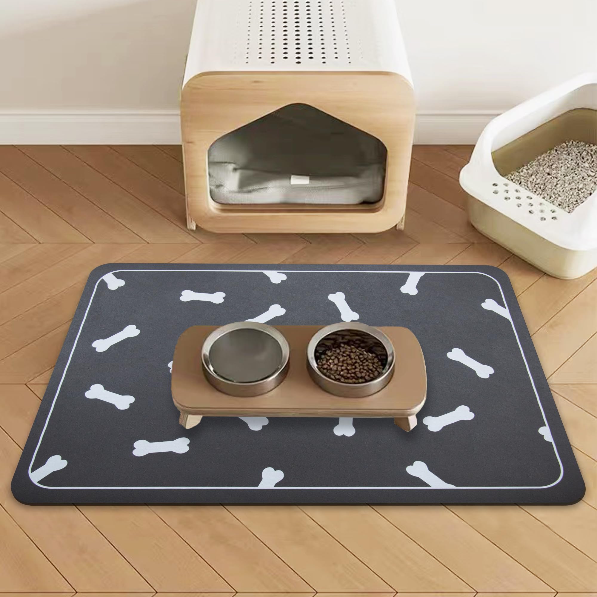 Dog Bowl mat and Dog Feeding mat, Dog mat for Water Bowl, Absorbent Non-Slip pet Water Bowl mat Quick Drying Dog Food mat cat matt for Food and Water(Dark Grey+18.1x12.5in+Rectangular)