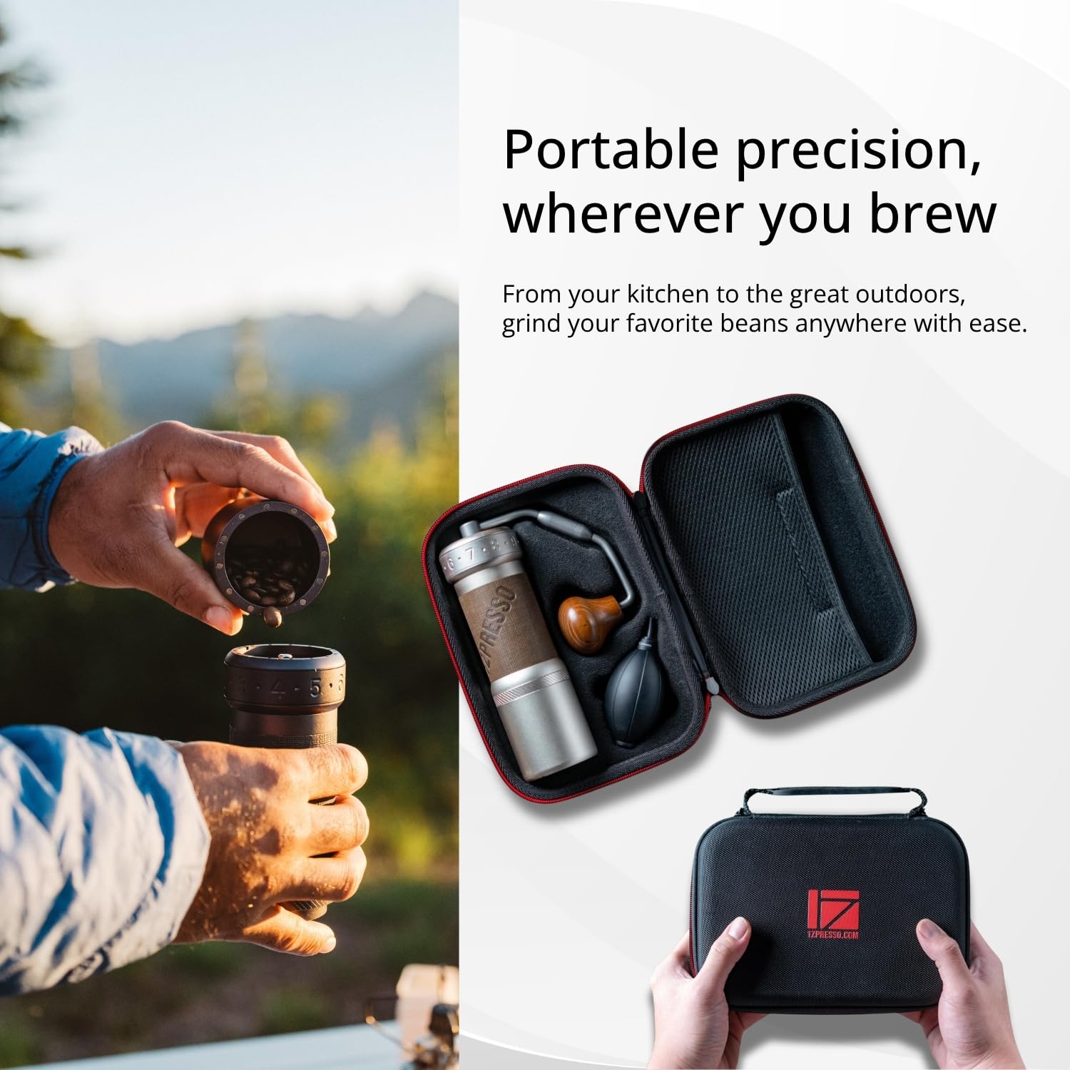 1Zpresso K-Ultra Moulin à café manuel gris fer avec étui de transport, meulage cohérent de l'assemblage Fraise conique en acier inoxydable, poignée pliable, réglage numérique externe réglable, moulin