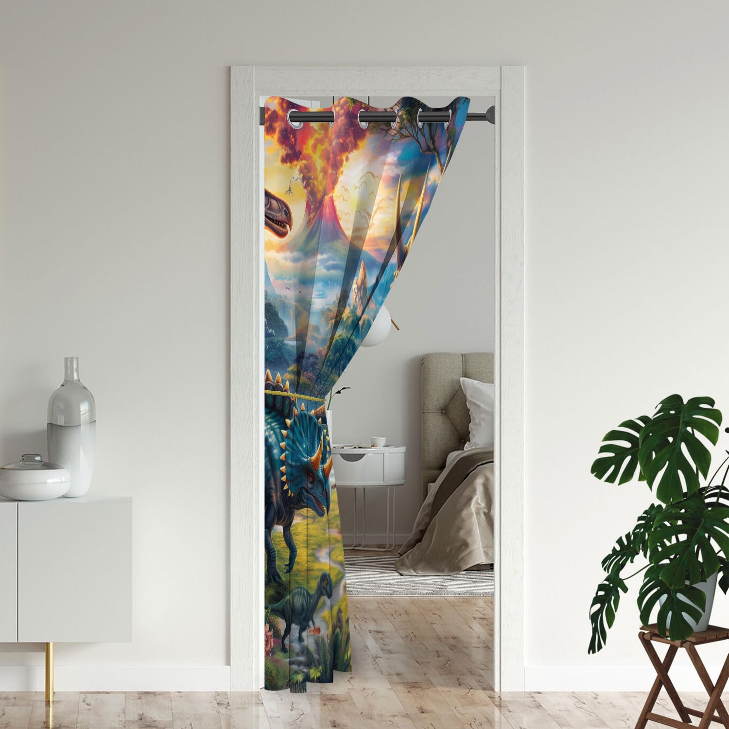 Dinosaur Door Curtains for Doorways, Cartoon Dino Jurassic Jungle Raptor Blackout Curtain for Kids Bedroom Closet, Grommet Thermal Insulated Privacy Door Drapes for Room Divider, 59