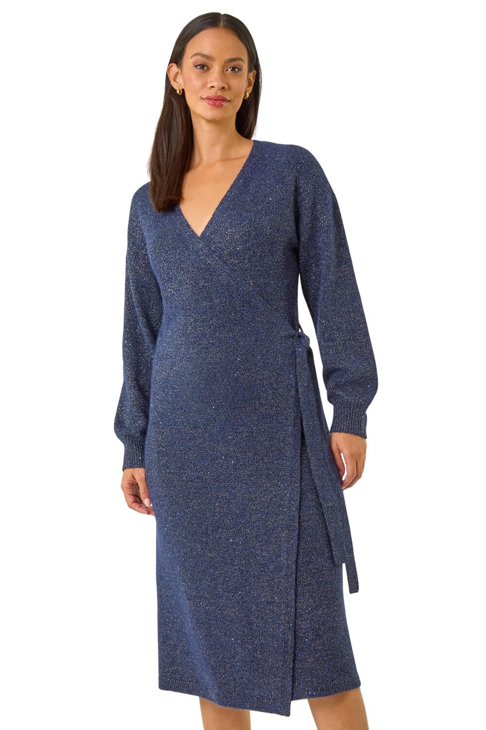 Dusk Fashion Shimmer Wrap Knit Dress for Women UK - Ladies Everyday Autumn Winter V-Neckline Comfy Soft Evening Vacation Work Party Night Out - Midnight Blue - Size 12