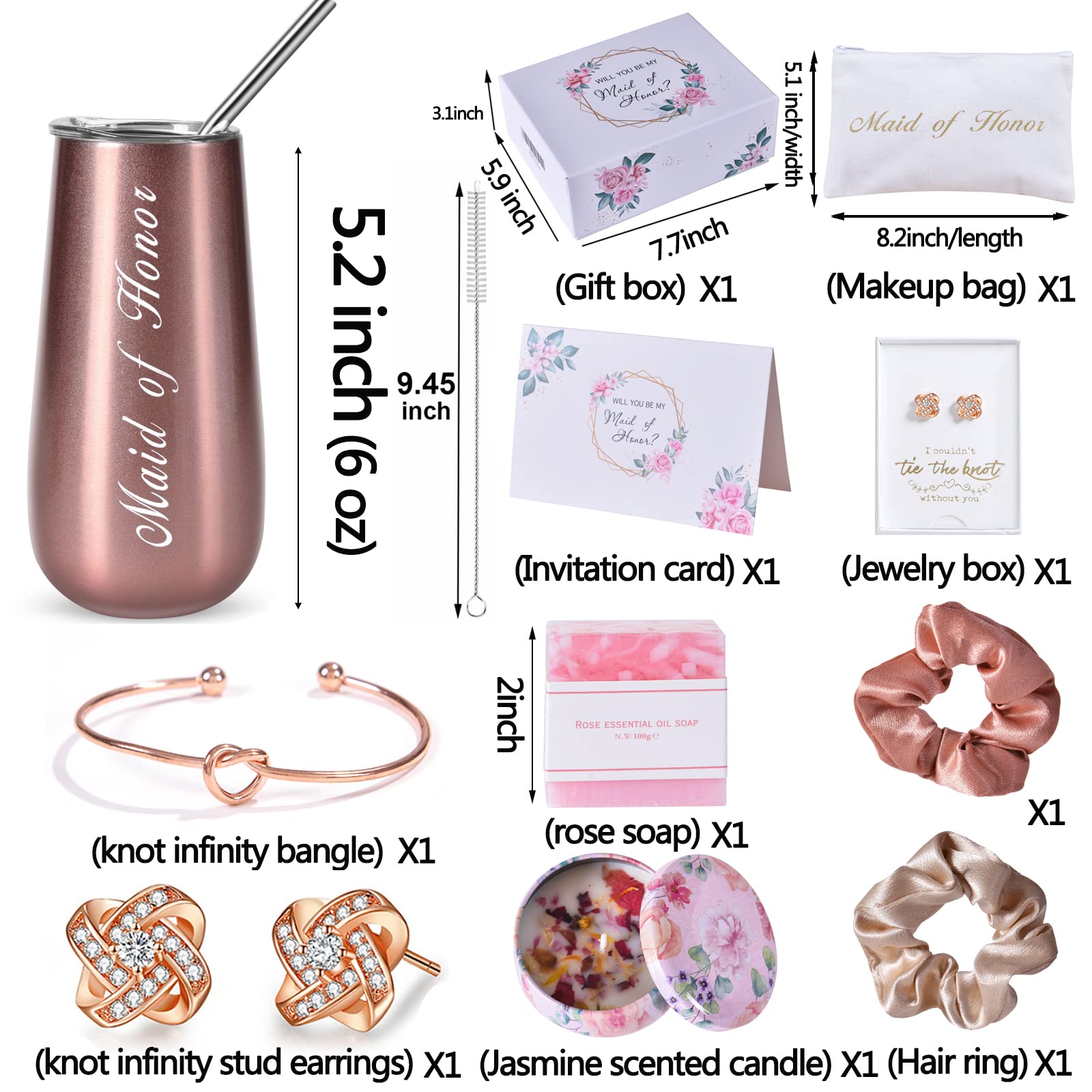 DHQH Maid of Honor Proposal Gift Box - Rose Gold Stemless Stainless Steel Champagne Glasses，Will You Be My Maid of Honor