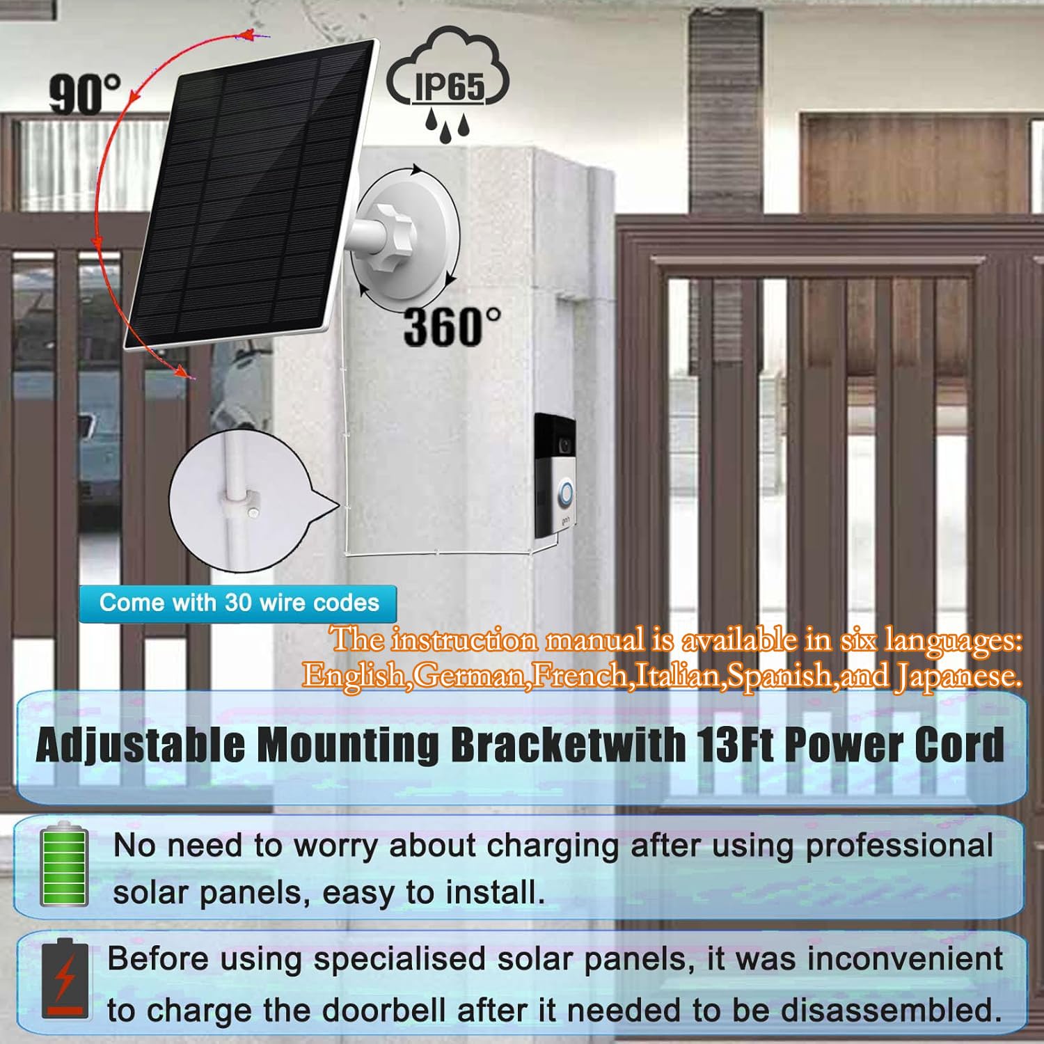 3 W zonnepaneel met geïntegreerde 4000 mAh batterij, USB-C-aansluiting, IP65, oplaadkabel van 13,2 meter, perfecte compatibiliteit met de Ring Battery Doorbell deurbel (2024 Release), geen