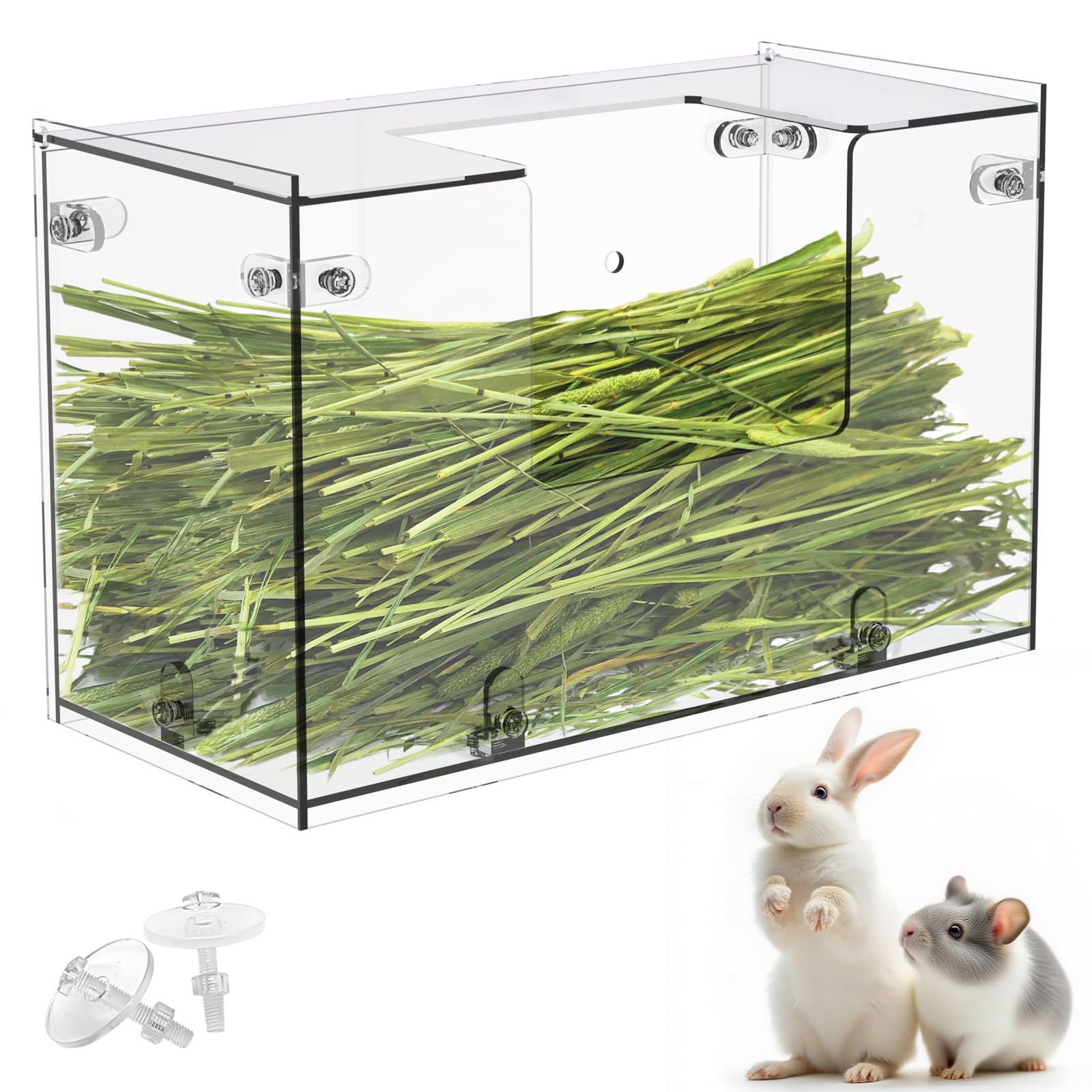 Acrylic Rabbit Hay Feeder with Lid, Transparent Hanging Food Dispenser Hay Feeder for Bunny Rabbits Guinea Pig Cage Chinchillas Hamsters Small Pets and Animals（Small
