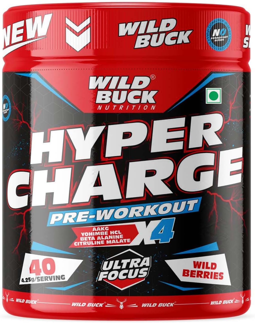 WILD BUCK Hyper Charge Pre-X4 Hardcore Pre-Workout Supplement Powder With Creatine Monohydrate,Arginine Aakg,Beta-Alanine,Muscle Pump,Caffeinated Punch - [Wild Berries],1 Count,40 Servings