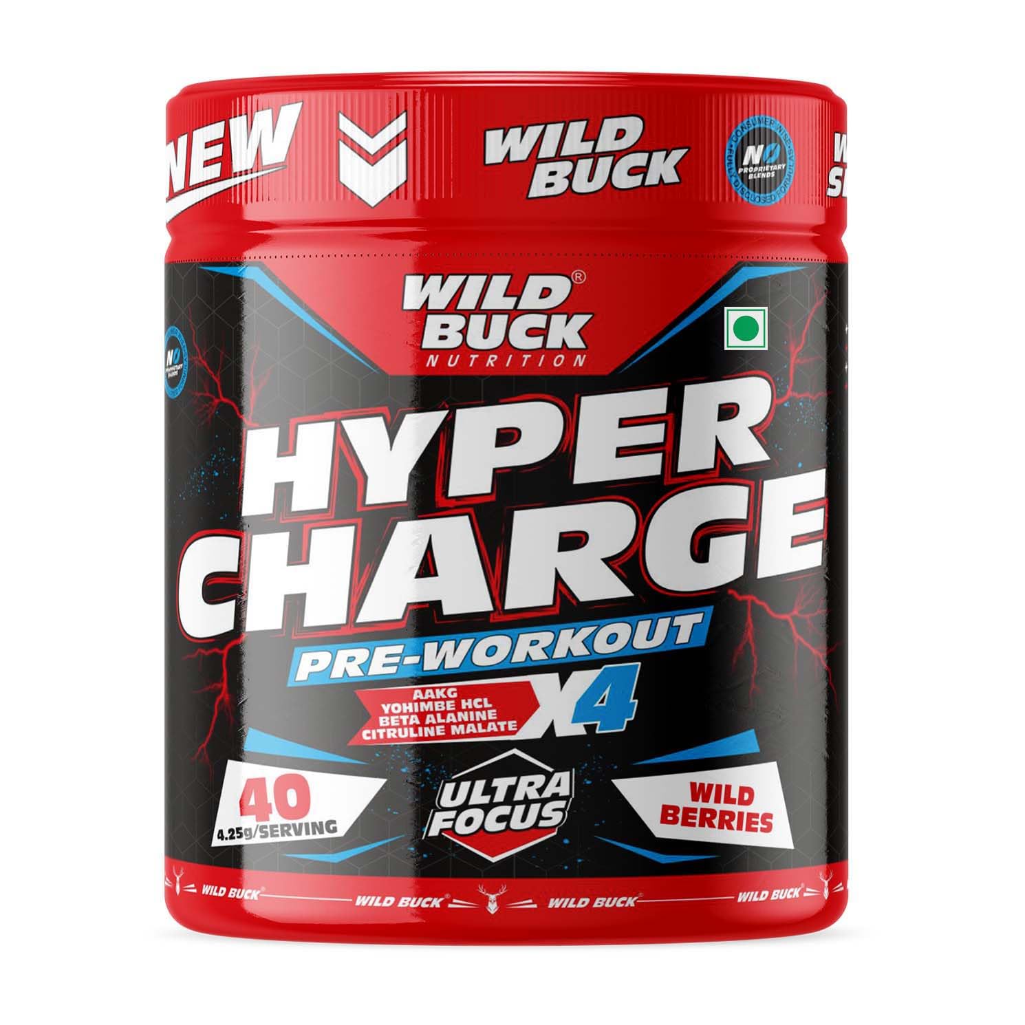 Hyper Charge Pre-X4 Hardcore Pre-Workout Supplement Powder With Creatine Monohydrate,Arginine Aakg,Beta-Alanine,Muscle Pump,Caffeinated Punch - [Wild Berries],1 Count,40 Servings