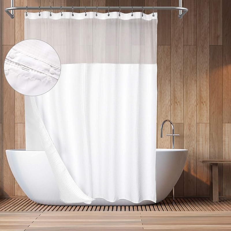 Cortina de ducha de algodón estilo hotel con forro a presión Blanco | Mezcla de algodón, tejido tipo gofre de panal, forro de tela para poner y quitar, repelente al agua, ventana de malla, lavable a máquina, tamaño estándar