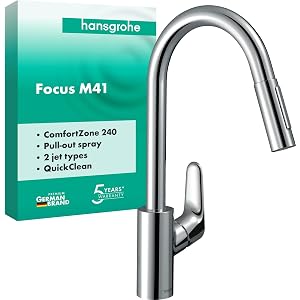 hansgrohe Focus M41 - grifo de cocina con ducha extraíble, 2 tipos de chorro, mezclador monomando cocina 240 mm, grifo cocina fregadero con caño giratorio, cromo, 31815000