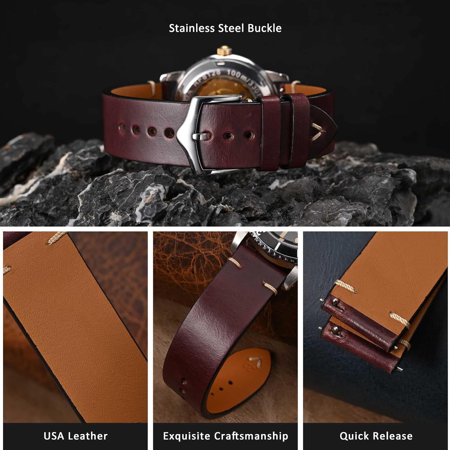 WOCCI Leather Watch Band, World-class Leather Collection, Band Width 18mm 20mm 22mm