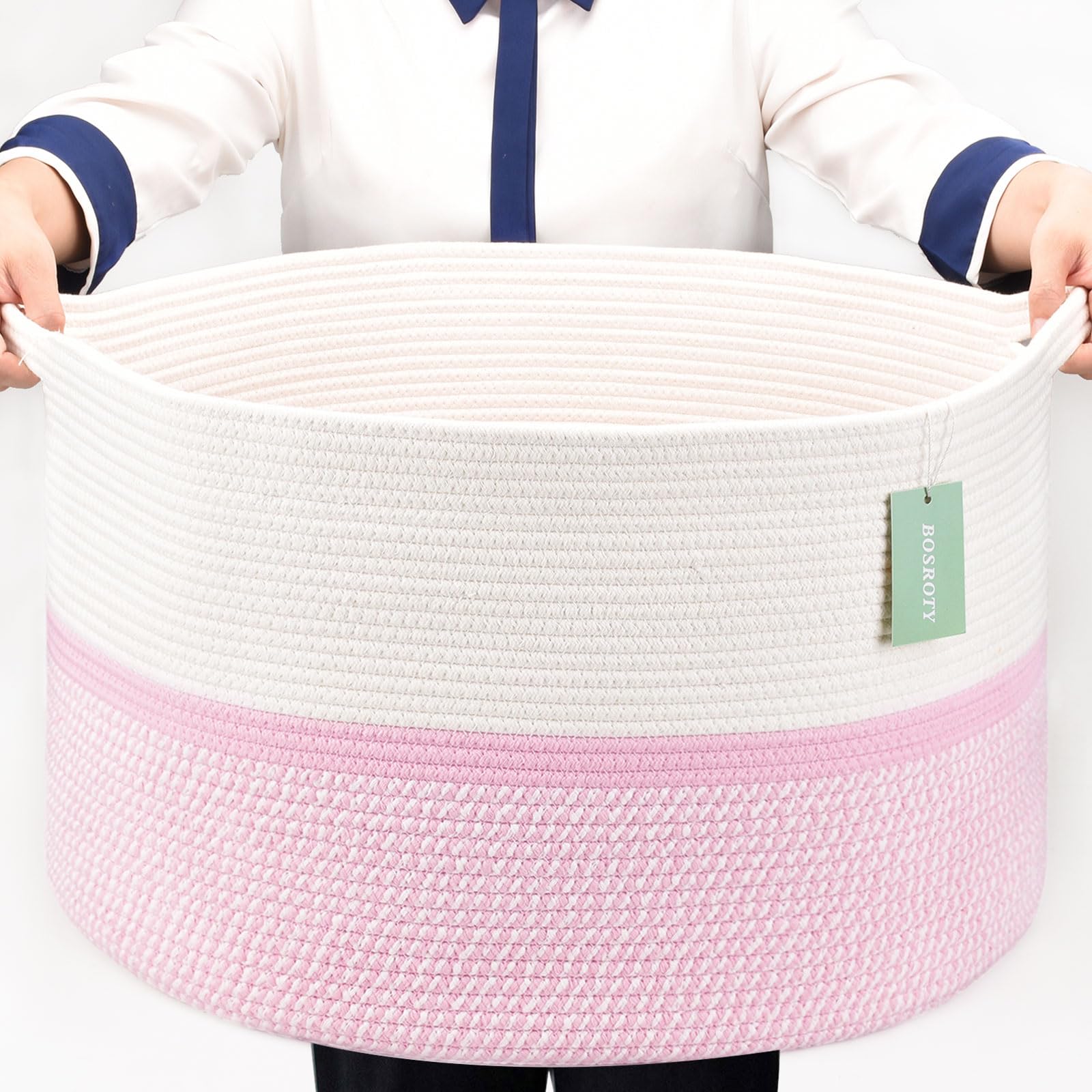Cotton Rope Basket for Girls Kids, 87L Laundry Hamper, White &amp; Pink
