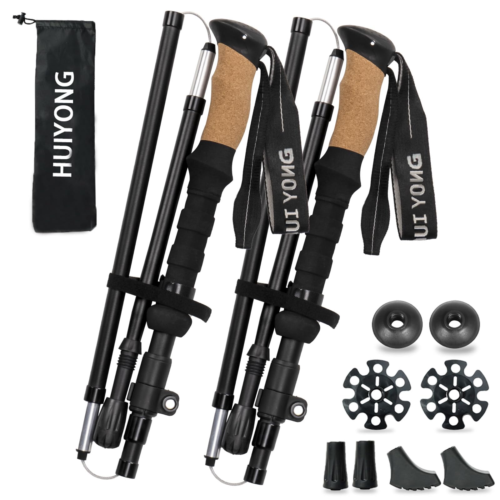 Bastoni da trekking pieghevoli, telescopici, anti-shock, leggeri, con manico a T, bastone da trekking regolabile, per uomini e donne, nero
