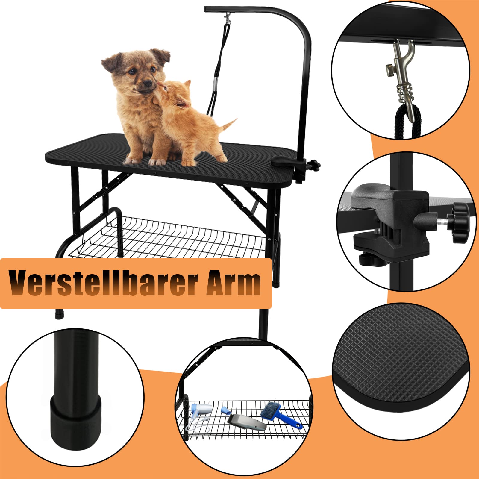 HENGMEI Mesa de Recorte Para Perros, Mesa de Peluquería Canina para Mascotas, Mesa de Recorte Con Brazo de Altura Ajustable, 2 Lazo y Superficie de Goma Resistente a Los Arañazos, 113x60x76cm