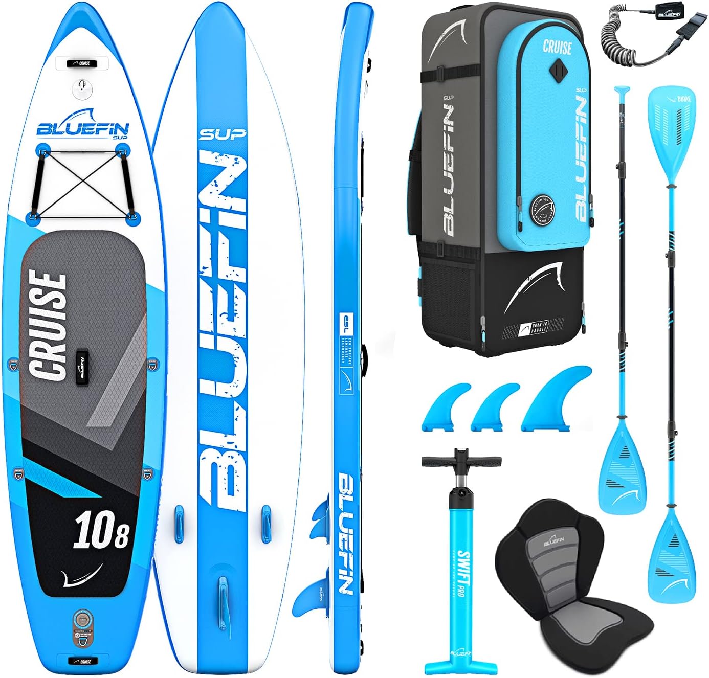 Bluefin Cruise SUP Pack | Inflatable Stand Up Paddle Board | Fiberglass Paddle | Kayak Conversion Kit | All Accessories | Multiple Sizes: 10'8, 12', 15'