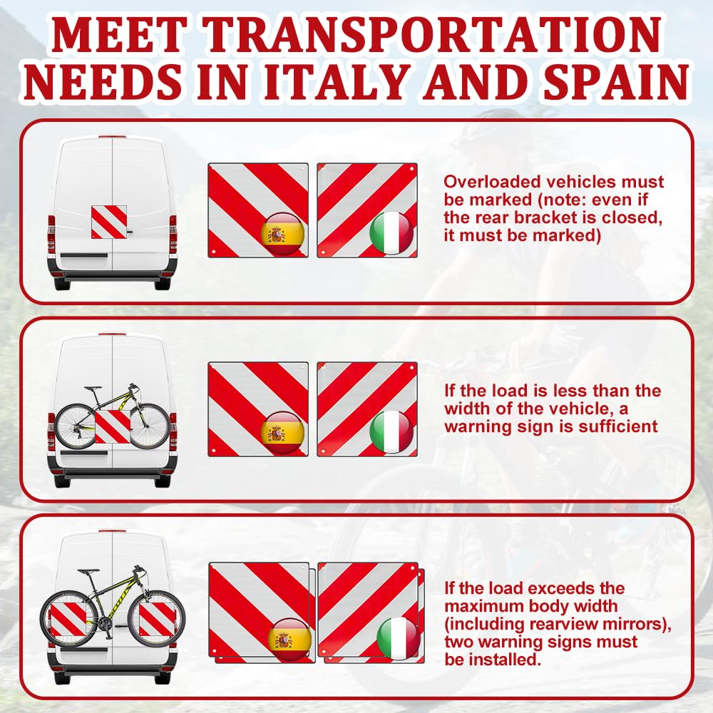 2 in1 Señal de Advertencia Italia y España, 2 Piezas Señal Reflectante de Advertencia Rojo y Blanco incluye 4 Tirones para Portabicicletas, Autocaravana, Caravana, Coche (50 x 50 cm)