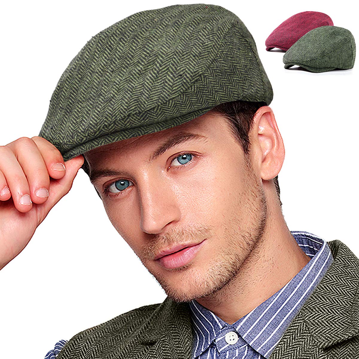 2-Pack Adjustable Newsboy Hats for Men Flat Cap Irish Wool Blend Tweed