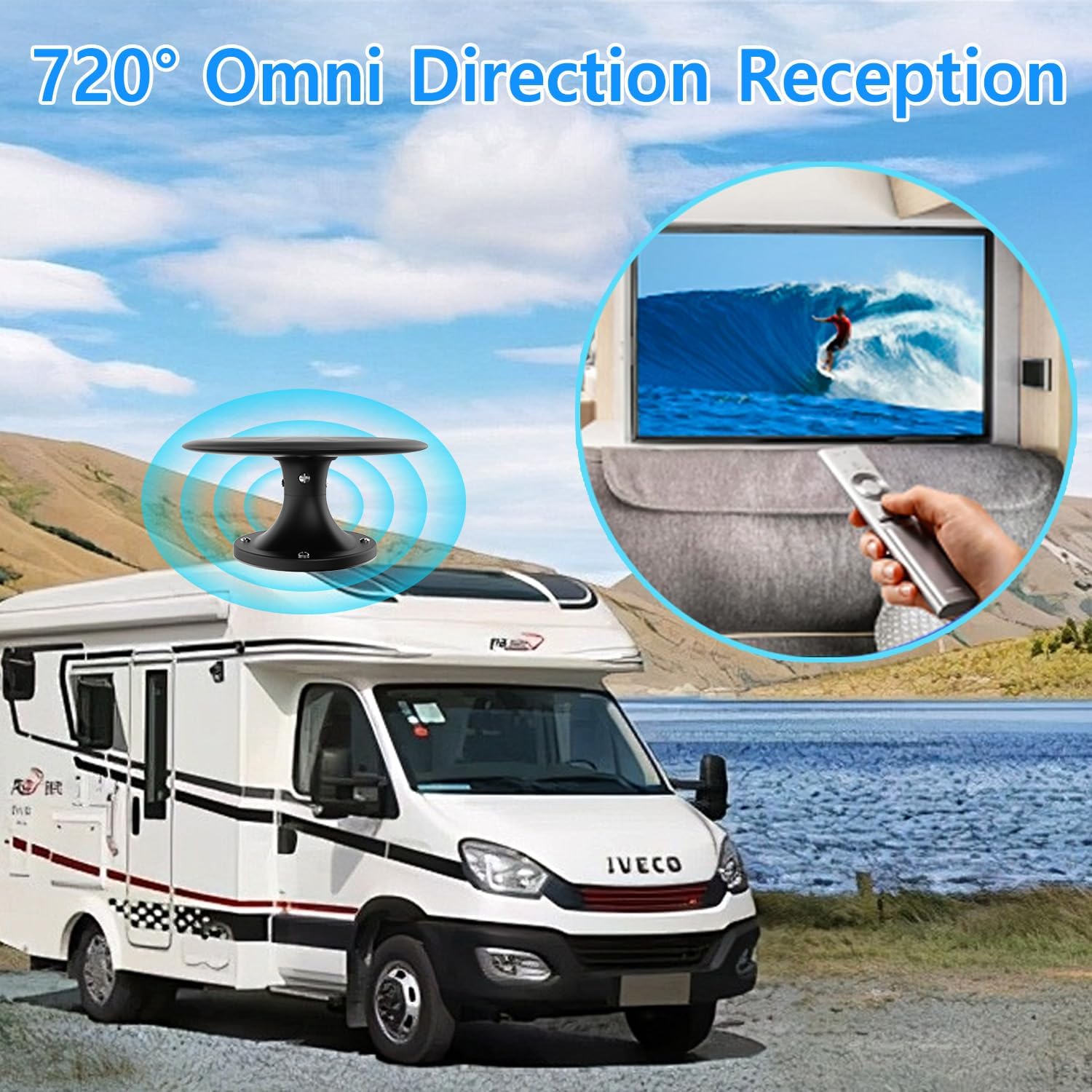 RV TV Antenna Outdoor for Camper, 360° Omni-Directional Digital Antenna – 4K 1080P Long Range VHF/UHF for Local Channels – RV, Truck, Boat, and Camping
