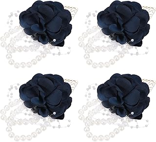 MECCANIXITY Wrist Corsage Artificial Flower Bracelets Pack of 4 Rose Wrist Bride Groom Decorative for Wedding Ceremony Prom Party Anniversary, 9x7cm Navy Blue