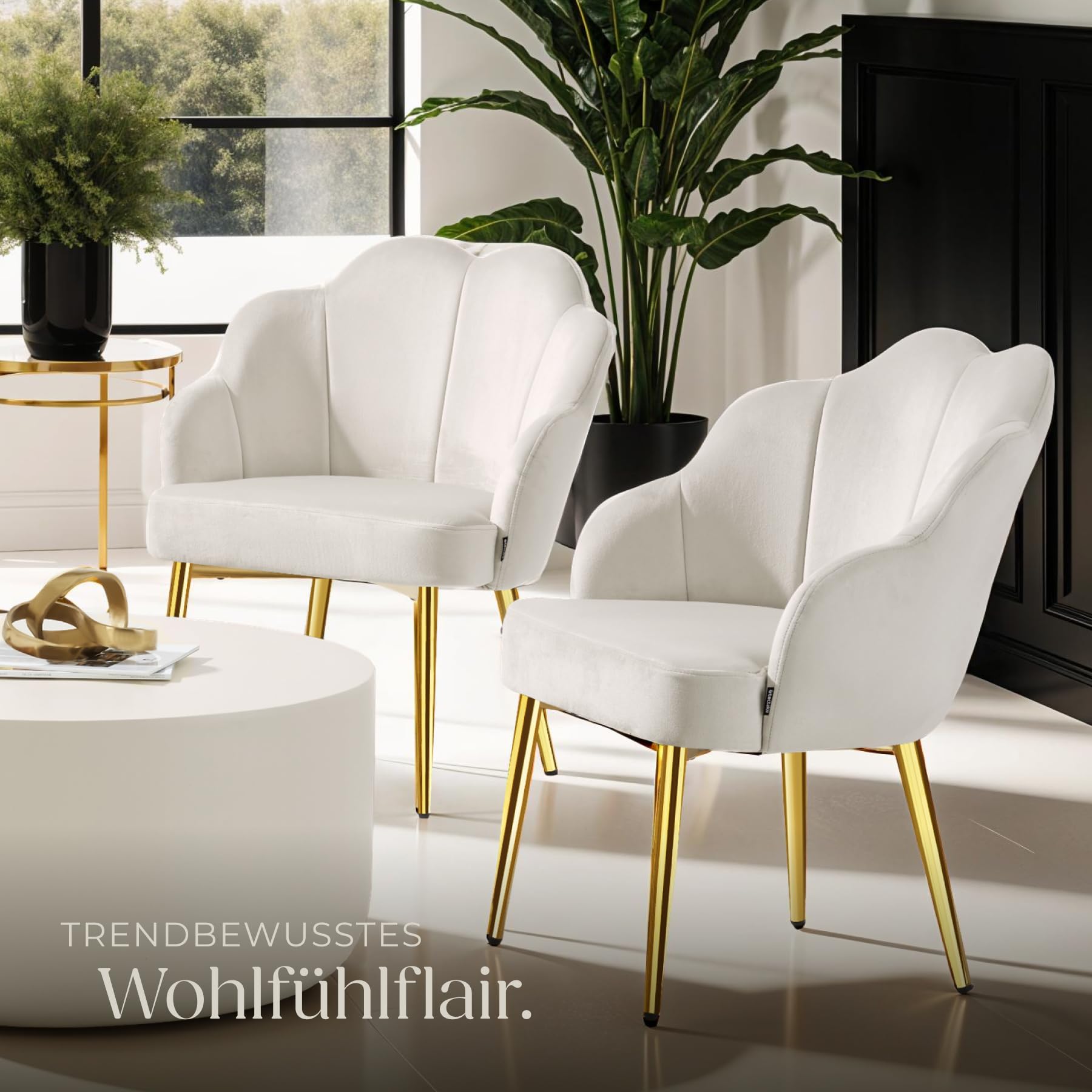 tectake® Cocktailsessel in Muschelform, Samt Stuhl mit Armlehne, Sessel Wohnzimmer, Loungesessel, Stühle Esszimmer, Relaxsessel, Sessel Schlafzimmer, Deko Zimmer, Lesesessel - créme/Gold, 1 Stuhl
