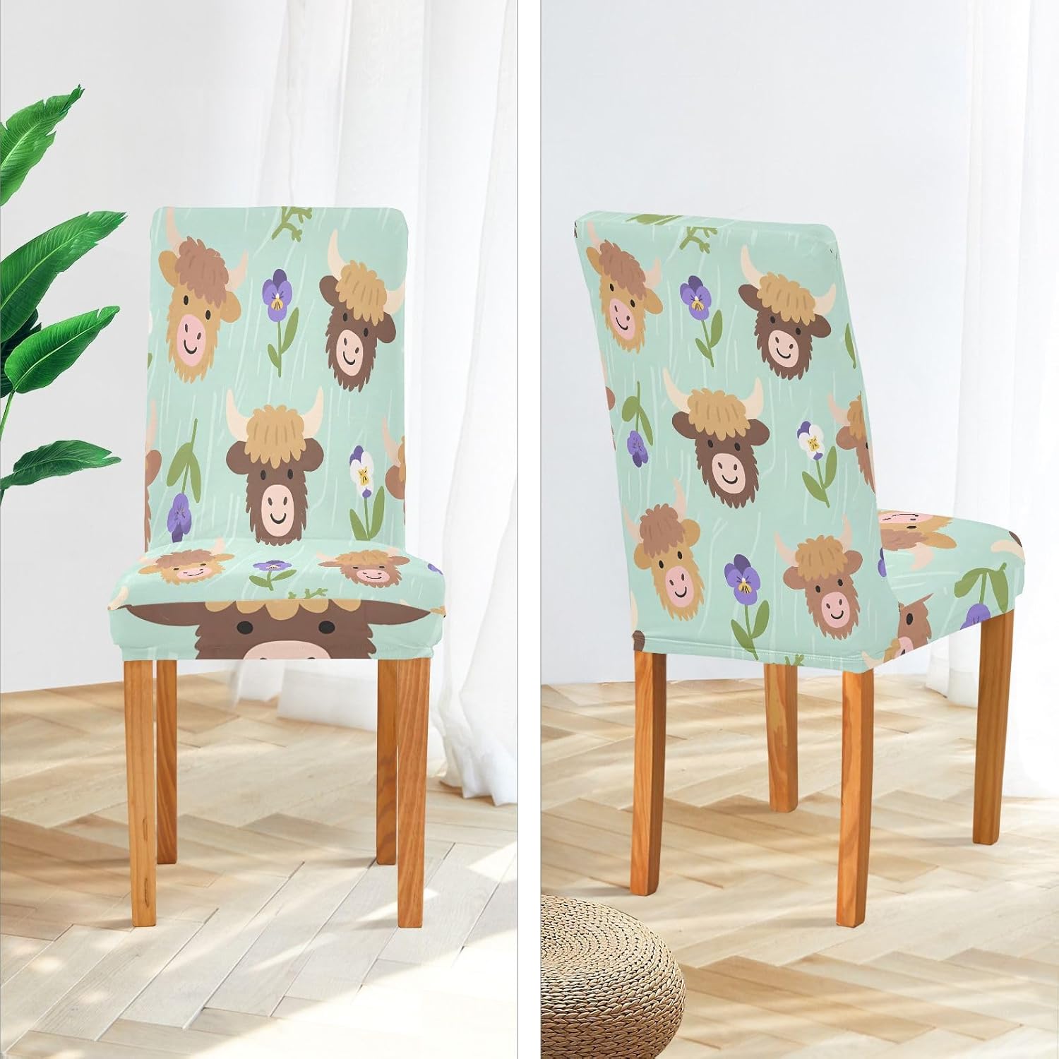 ALAZA Chair Covers for Dining Room, Cartoon Highland Cattle Flowers Pattern Stretch Chair Cover Sets Chair Protector Removable Washable for Ktichen Restaurant Hotel