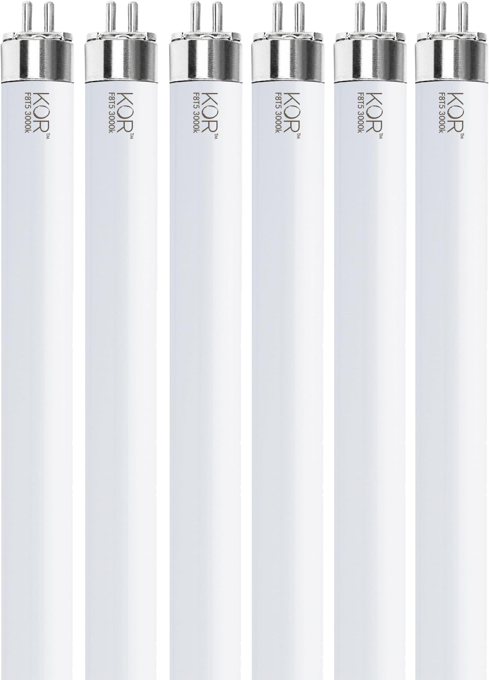 KOR (Pack of 6) F8T5/WW - T5 Fluorescent 3000K Warm White - 8 Watt - 12" Super Long Life Light Bulbs | 8W 480 Lumens 3000K Warm White F8T5 12" Fluorescent Tube Light Bulbs For Under Cabinet & Utility Fixtures