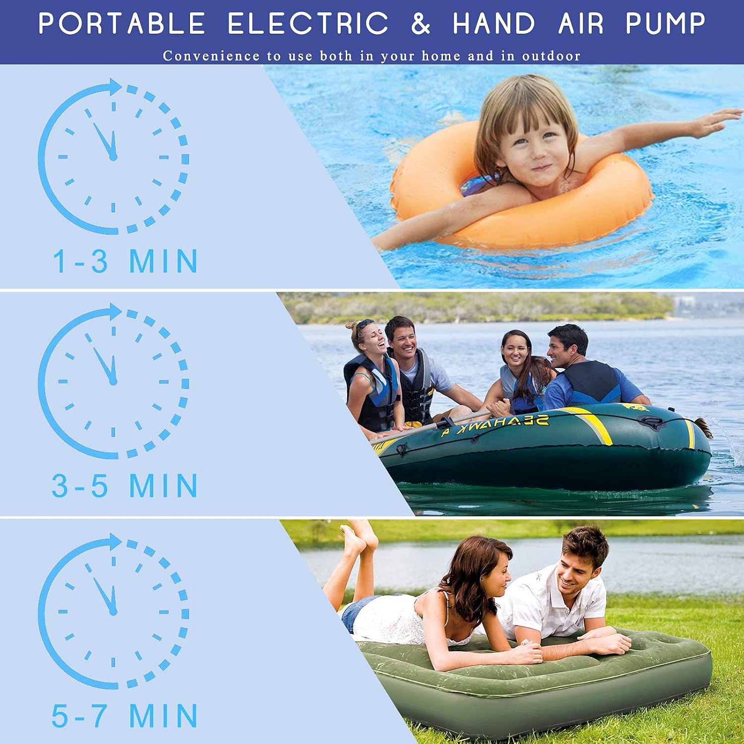 Air Pump for Inflatables Electric Air Pump with 3 Nozzles, 110-120V AC Quick-Fill Air Mattress Pump for Inflatable Cushion, Boats Pool Floats, Swimming Ring