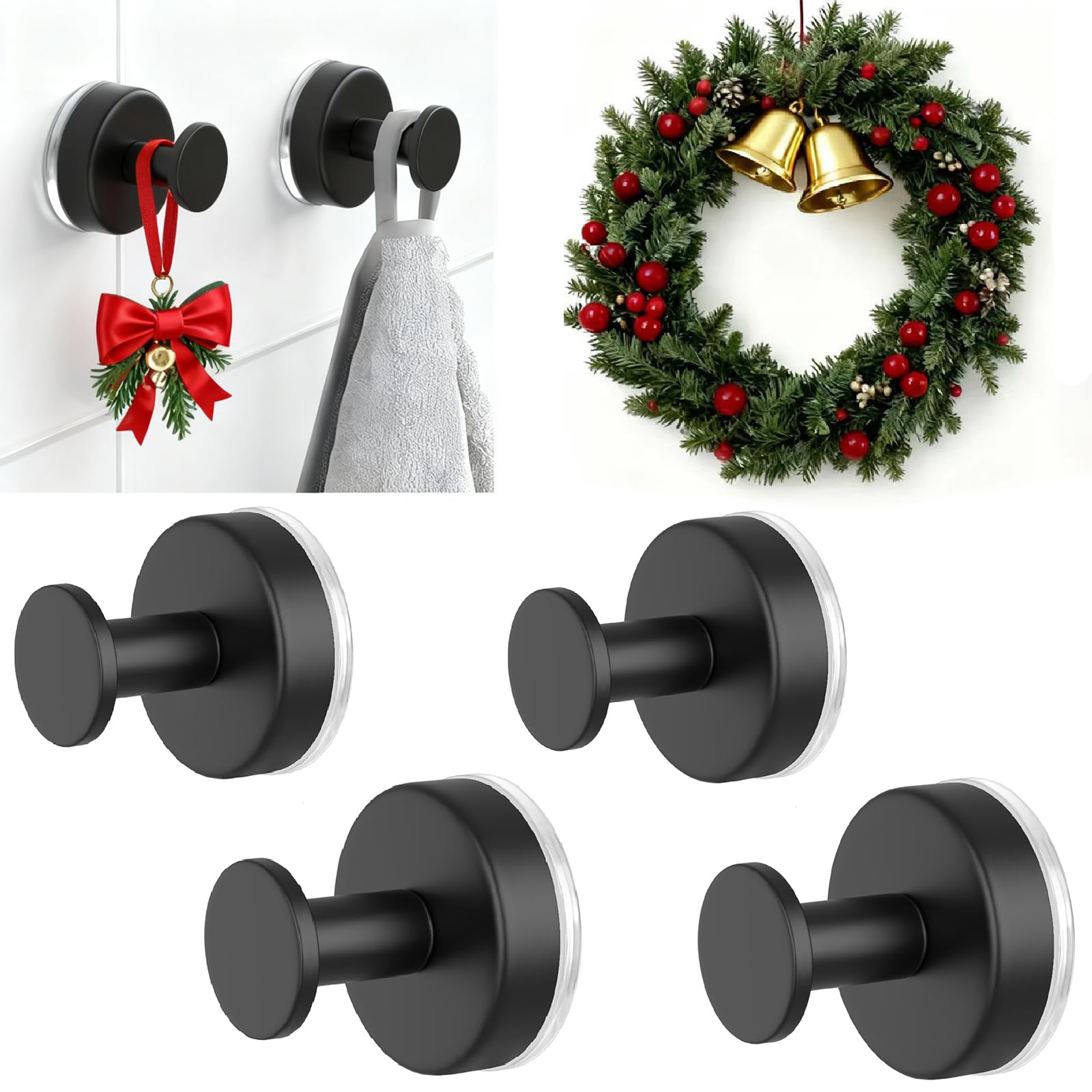 HUFEEOH Black 4-Pack Suction Cup Hooks for Shower, O-Shape, No Drill