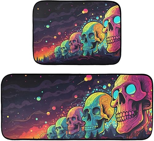 Kitchen Mats for Floor 2 Piece Set Giant Fantasy Skulls Print, Anti Skid Cushioned Water Absorbent Kitchen Rugs Door Mat Floor Mats for Kitchen Sink