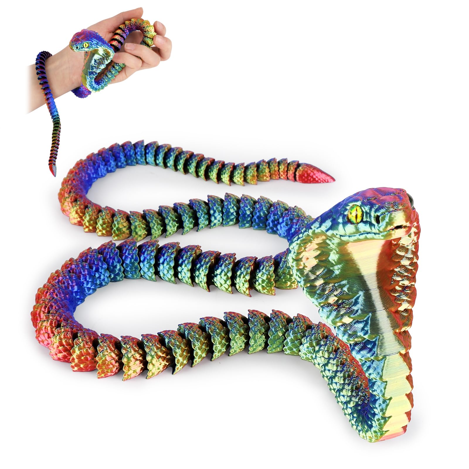 SUMLAND 3D Printed Snake,23 Inch 3D Printed Animals,3D Printed Fidget Toys,Home Office Decor Executive Desk Crystal Cobra Toys Red Yellow Blue