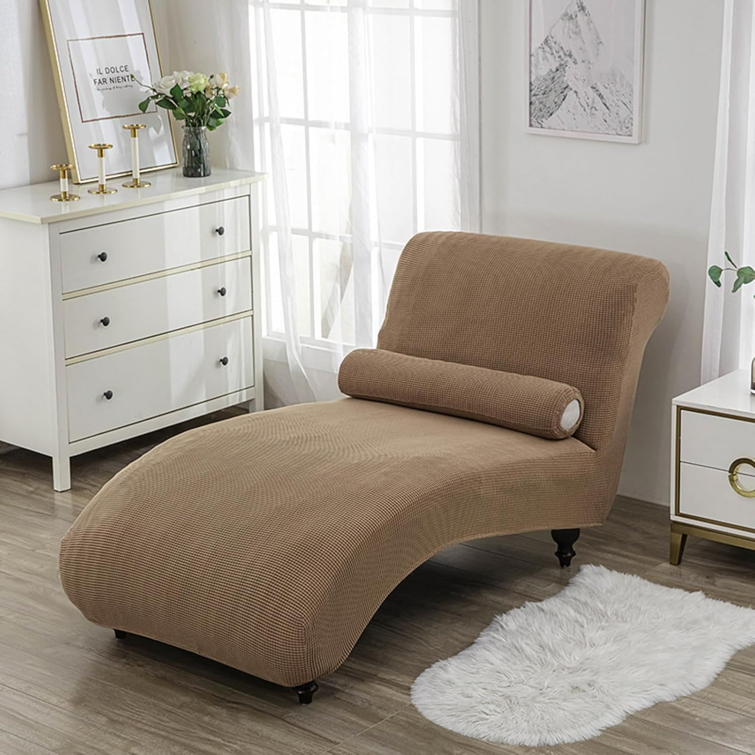 Stretch Chaise Lounge Cover Indoor, Armless Chaise Chair Slipcover Furniture Protector Chaise Slipcover for Living Room Machine Washable (Camel)